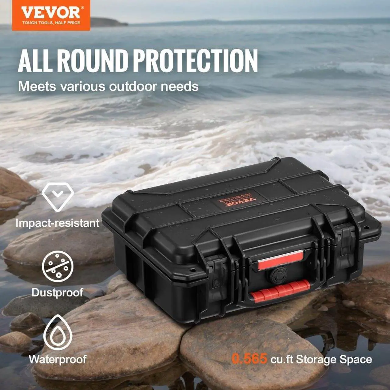 Alt view image 2 of 7 - VEVOR  0.56 Cu.ft Weatherproof Hard Case with Handle Clips Padlock Holes PU Foam Protect Pistol, Microphone, and Camera Equipment