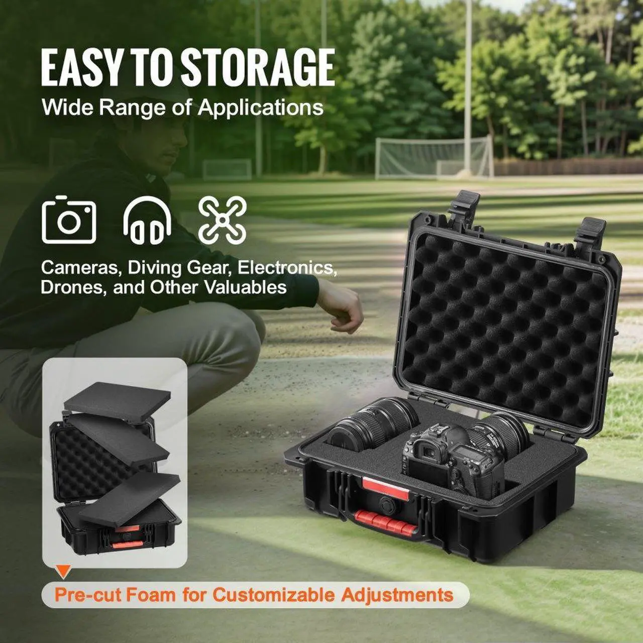 Alt view image 3 of 7 - VEVOR  0.56 Cu.ft Weatherproof Hard Case with Handle Clips Padlock Holes PU Foam Protect Pistol, Microphone, and Camera Equipment