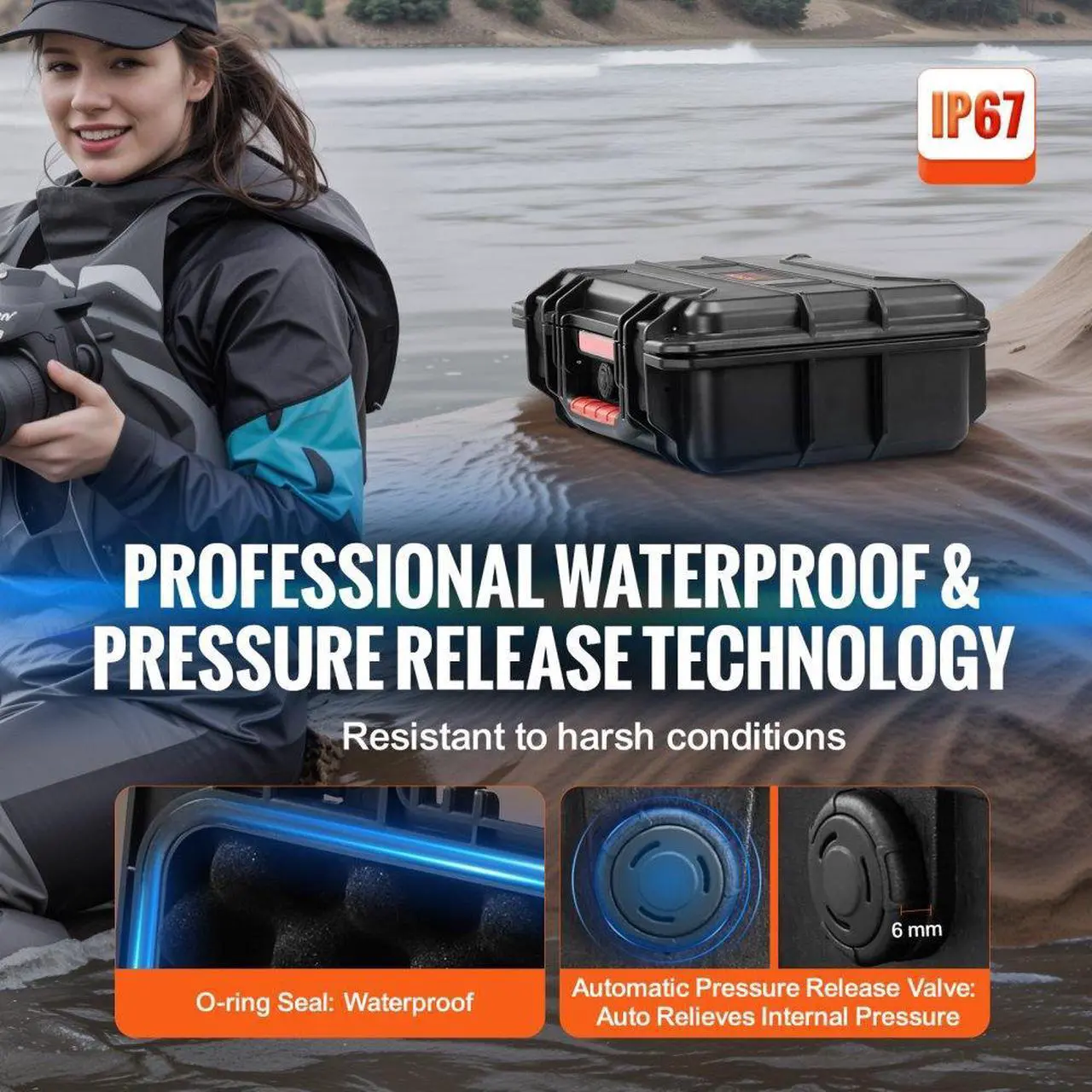 Alt view image 4 of 7 - VEVOR  0.56 Cu.ft Weatherproof Hard Case with Handle Clips Padlock Holes PU Foam Protect Pistol, Microphone, and Camera Equipment