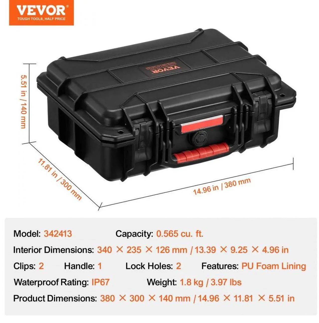 Alt view image 7 of 7 - VEVOR  0.56 Cu.ft Weatherproof Hard Case with Handle Clips Padlock Holes PU Foam Protect Pistol, Microphone, and Camera Equipment