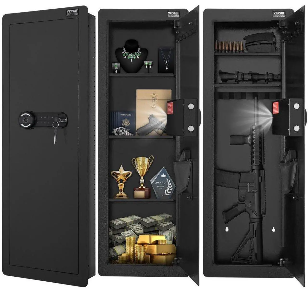 Main image of VEVOR 42.91" Tall Wall Gun Safe, 4-Tier Hidden Gun Safe with Keypad & Fingerprint, 3 Removable Shelves & 6 Key Holders, Q235 Cold-Rolled Steel Gun Safe with LED Light, Vibration Alarm, Holster & Stock