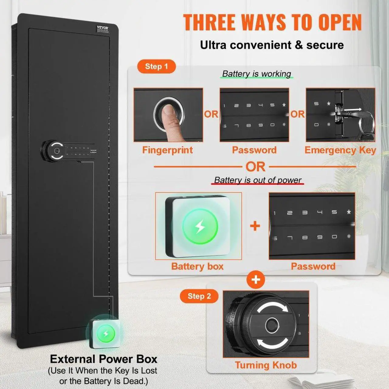 Alt view image 3 of 7 - VEVOR 42.91" Tall Wall Gun Safe, 4-Tier Hidden Gun Safe with Keypad & Fingerprint, 3 Removable Shelves & 6 Key Holders, Q235 Cold-Rolled Steel Gun Safe with LED Light, Vibration Alarm, Holster & Stock