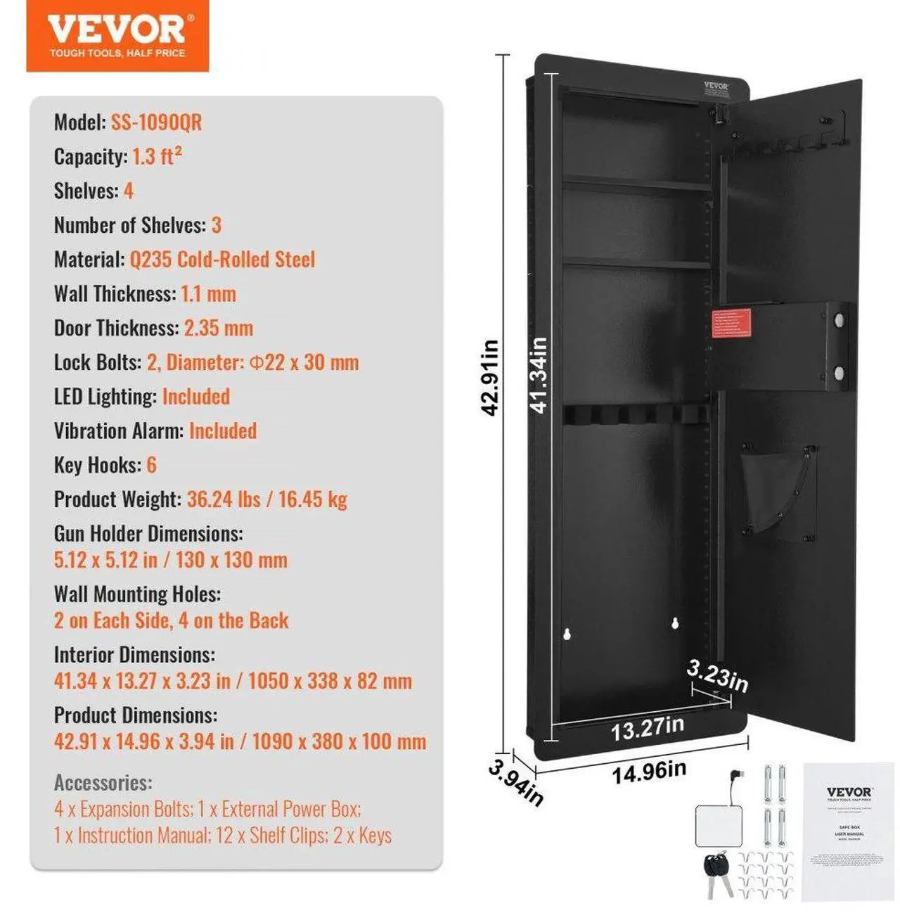 Alt view image 7 of 7 - VEVOR 42.91" Tall Wall Gun Safe, 4-Tier Hidden Gun Safe with Keypad & Fingerprint, 3 Removable Shelves & 6 Key Holders, Q235 Cold-Rolled Steel Gun Safe with LED Light, Vibration Alarm, Holster & Stock