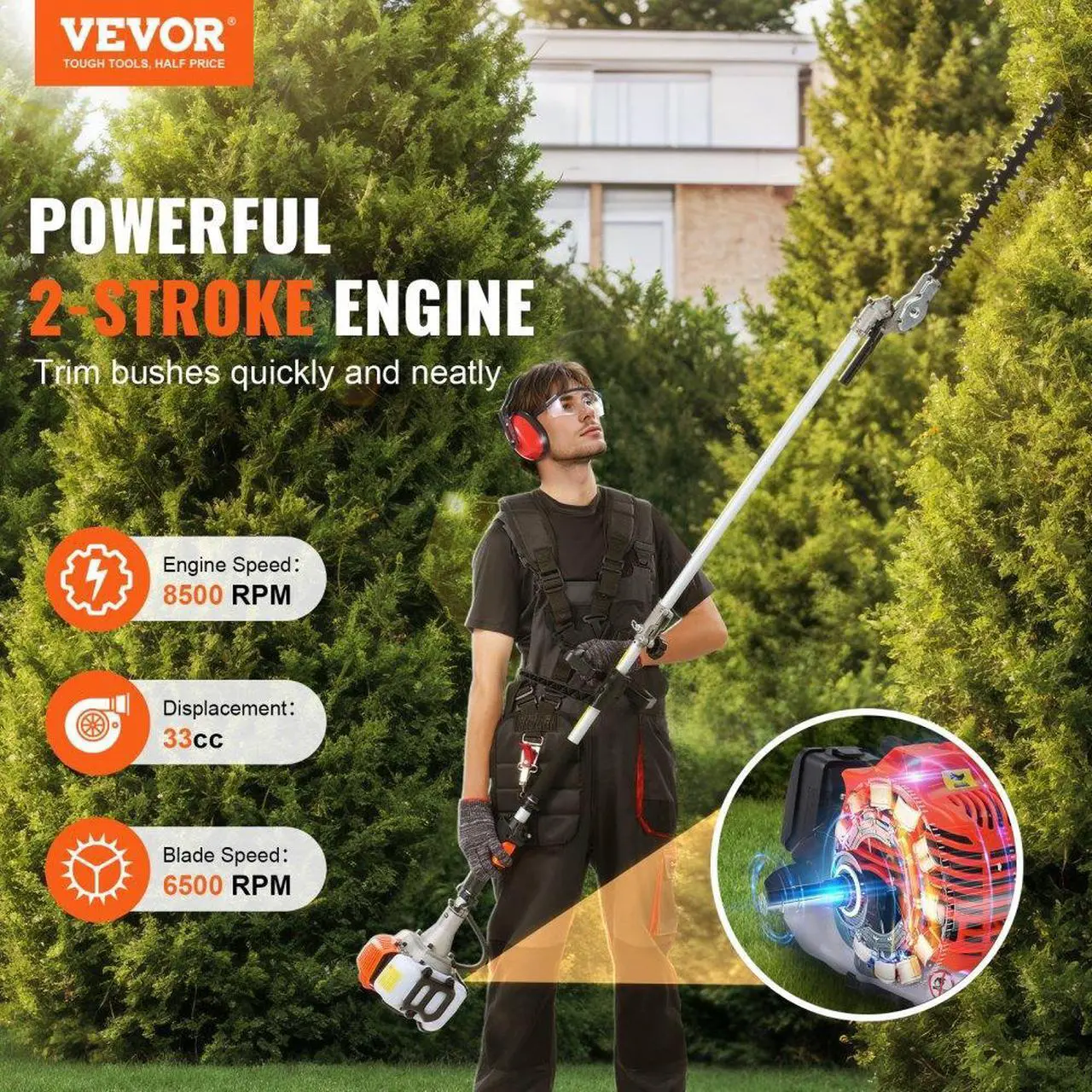 Alt view image 2 of 7 - VEVOR 6-in-1 Multi-Functional Trimming Tools Gas Hedge Trimmer 33CC Weed Eater