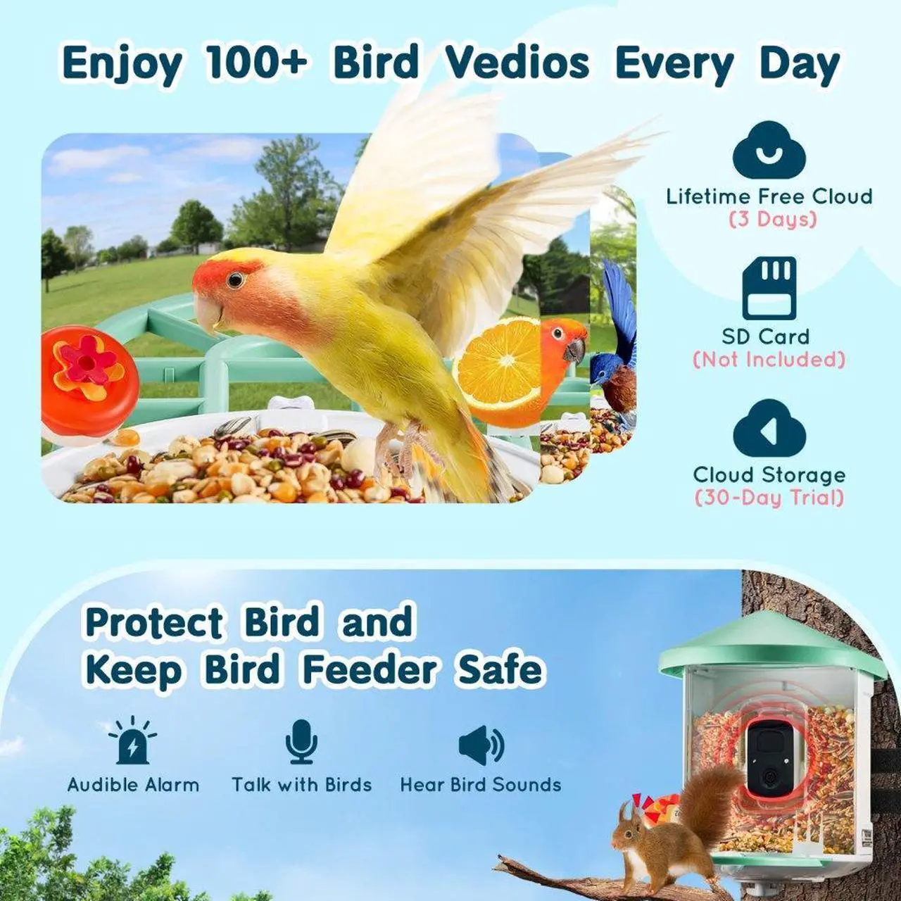 Alt view image 3 of 7 - VEVOR  Smart Bird Feeder with Camera 2K HD AI Identify Bird Species Auto Capture