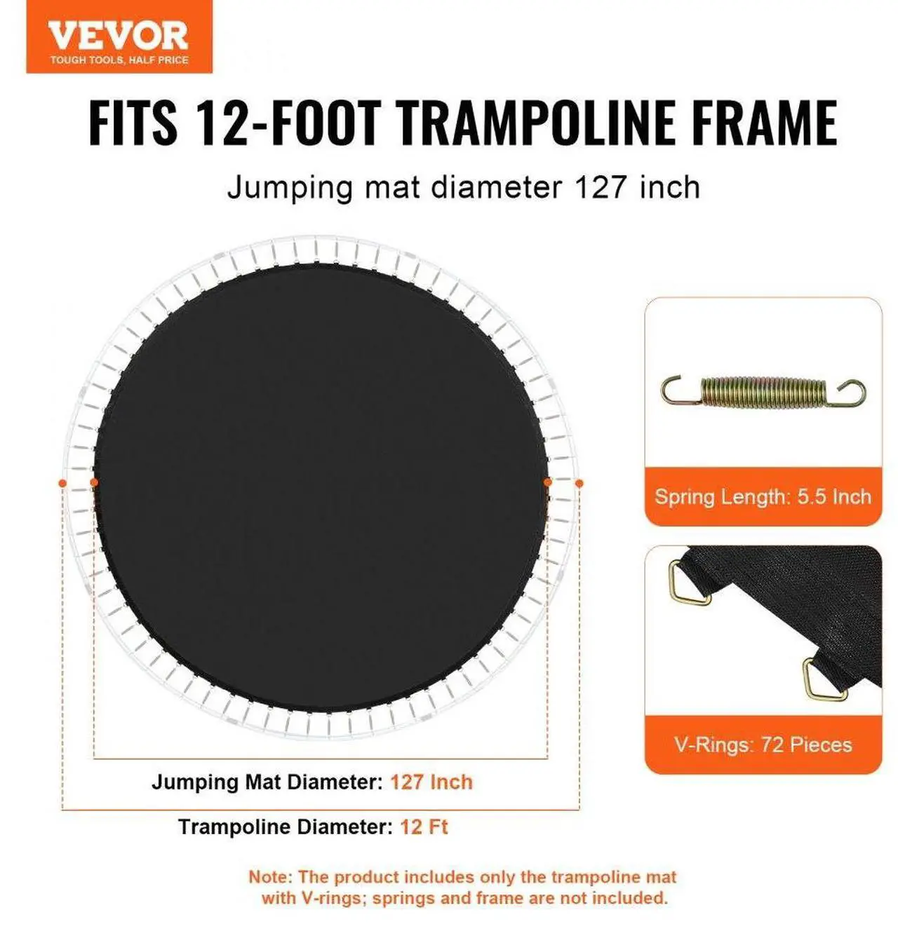 Alt view image 2 of 7 - VEVOR Replacement Trampoline Mat Fits 12ft Frame 72 V-Rings 5.5" Spring Length