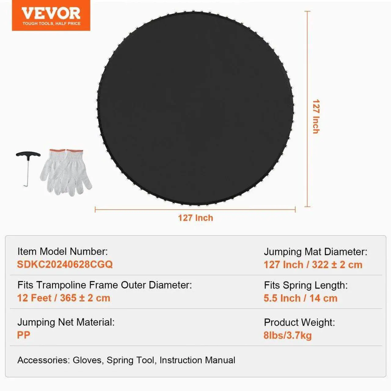 Alt view image 7 of 7 - VEVOR Replacement Trampoline Mat Fits 12ft Frame 72 V-Rings 5.5" Spring Length