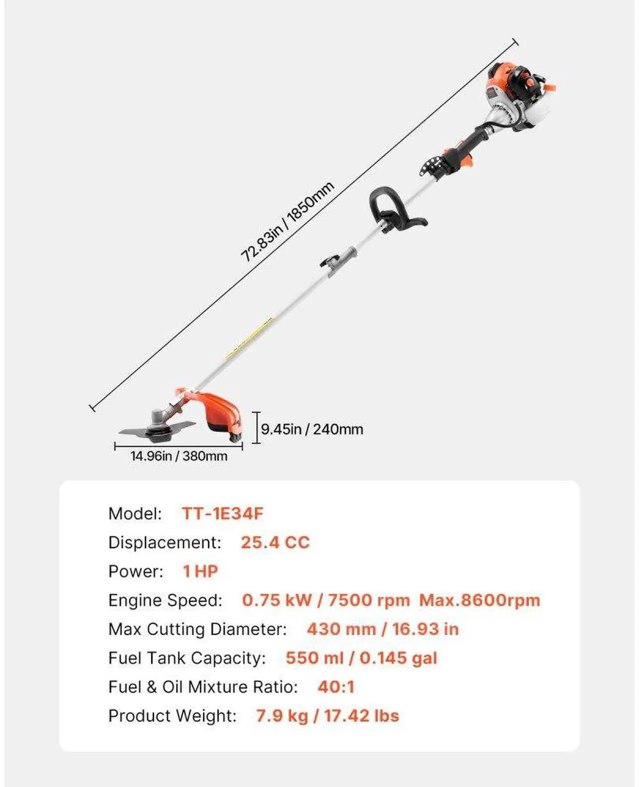 Alt view image 7 of 7 - VEVOR String Trimmer, 25.2CC 2-Stroke, Gas Powered Weed Wacker, 16.9" Cordless Grass Trimmer, Multi-Functional Lawn Edger with Shoulder Strap & 3T Blade, Weed Eater for Quick Grass Cleaning