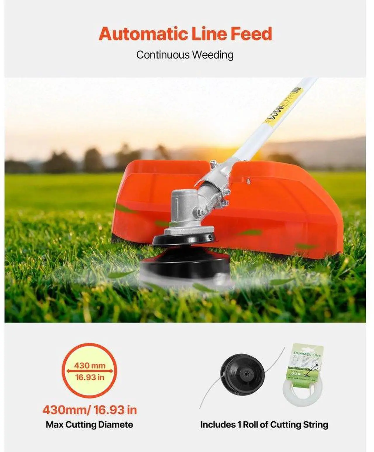 Alt view image 5 of 7 - VEVOR String Trimmer, 25.2CC 2-Stroke, Gas Powered Weed Wacker, 16.9" Cordless Grass Trimmer, Multi-Functional Lawn Edger with Shoulder Strap & 3T Blade, Weed Eater for Quick Grass Cleaning