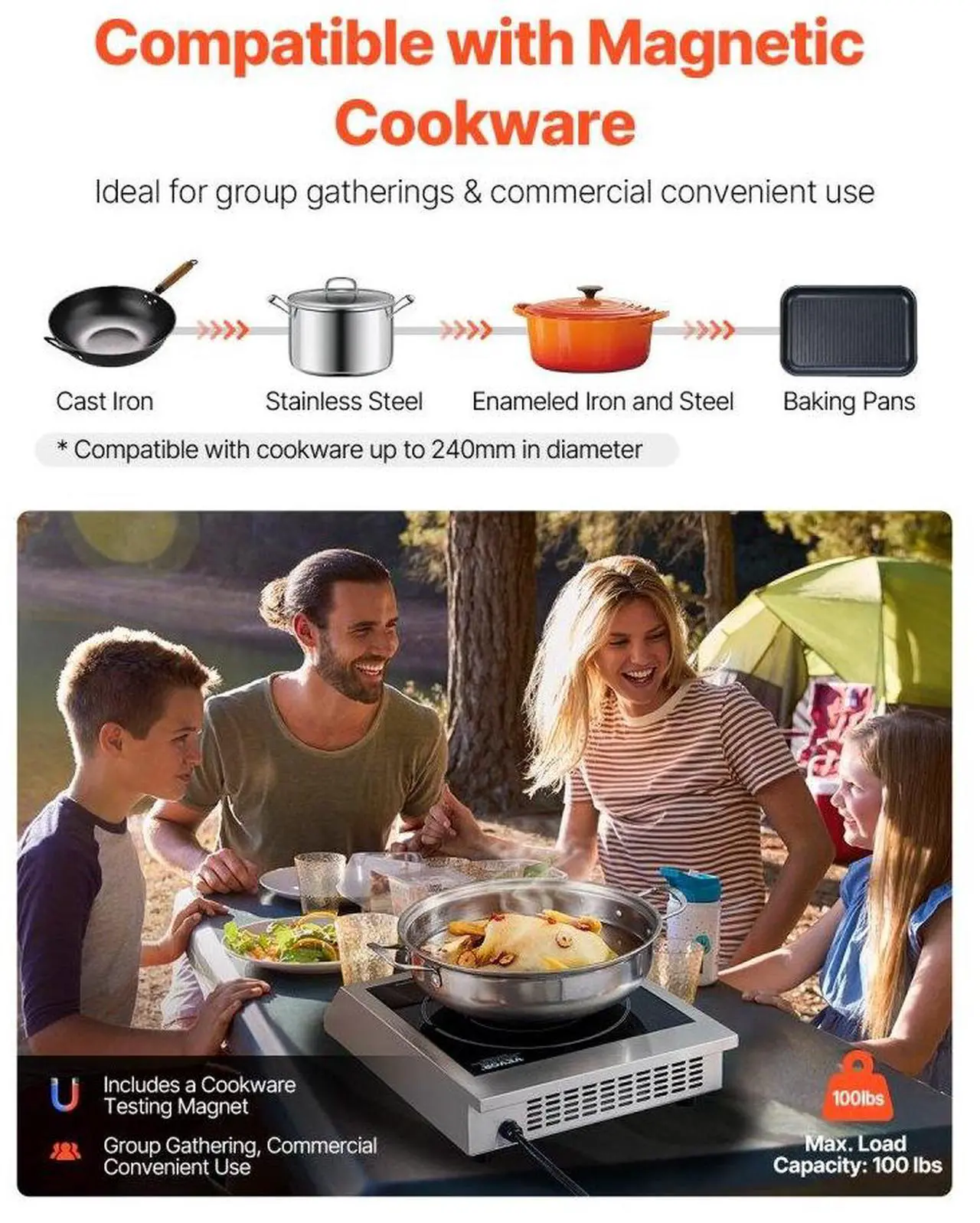 Alt view image 5 of 7 - VEVOR Portable Commercial Induction Cooktop 1800W Countertop Burner 9 Temp Levels