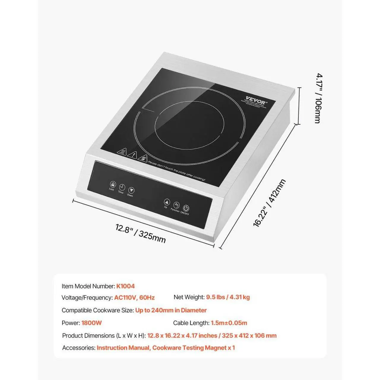 Alt view image 7 of 7 - VEVOR Portable Commercial Induction Cooktop 1800W Countertop Burner 9 Temp Levels