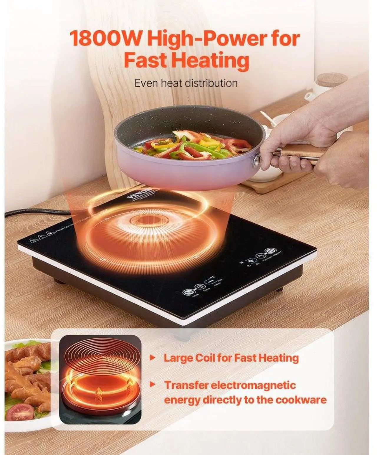 Alt view image 2 of 7 - VEVOR Portable Induction Cooktop 1800W Countertop Burner 9 Temp Levels Hot Plate