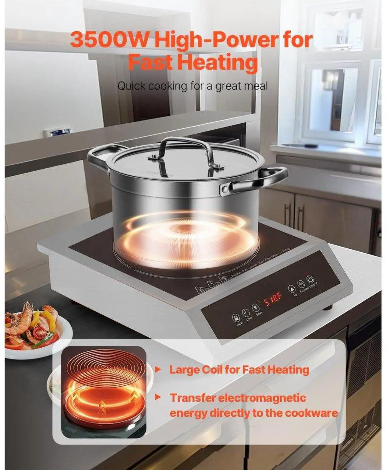 Alt view image 2 of 7 - VEVOR Portable Commercial Induction Cooktop 3500W Countertop Burner 11 Temp Levels