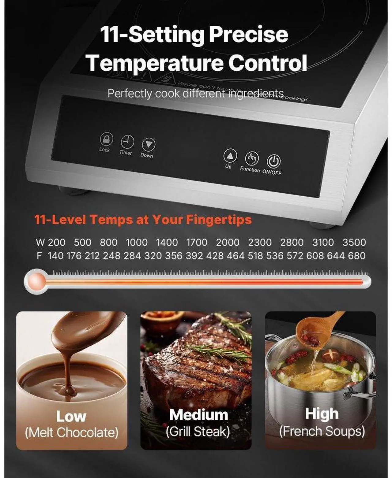 Alt view image 3 of 7 - VEVOR Portable Commercial Induction Cooktop 3500W Countertop Burner 11 Temp Levels