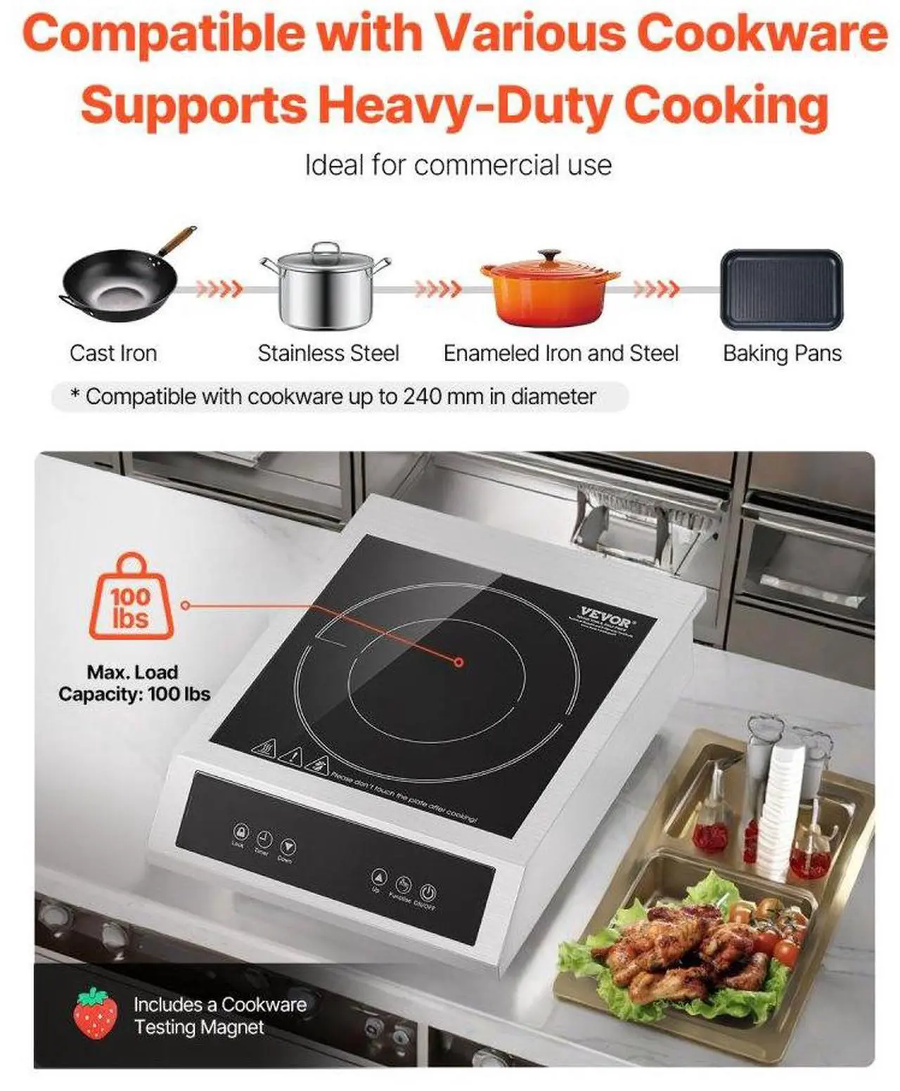Alt view image 5 of 7 - VEVOR Portable Commercial Induction Cooktop 3500W Countertop Burner 11 Temp Levels