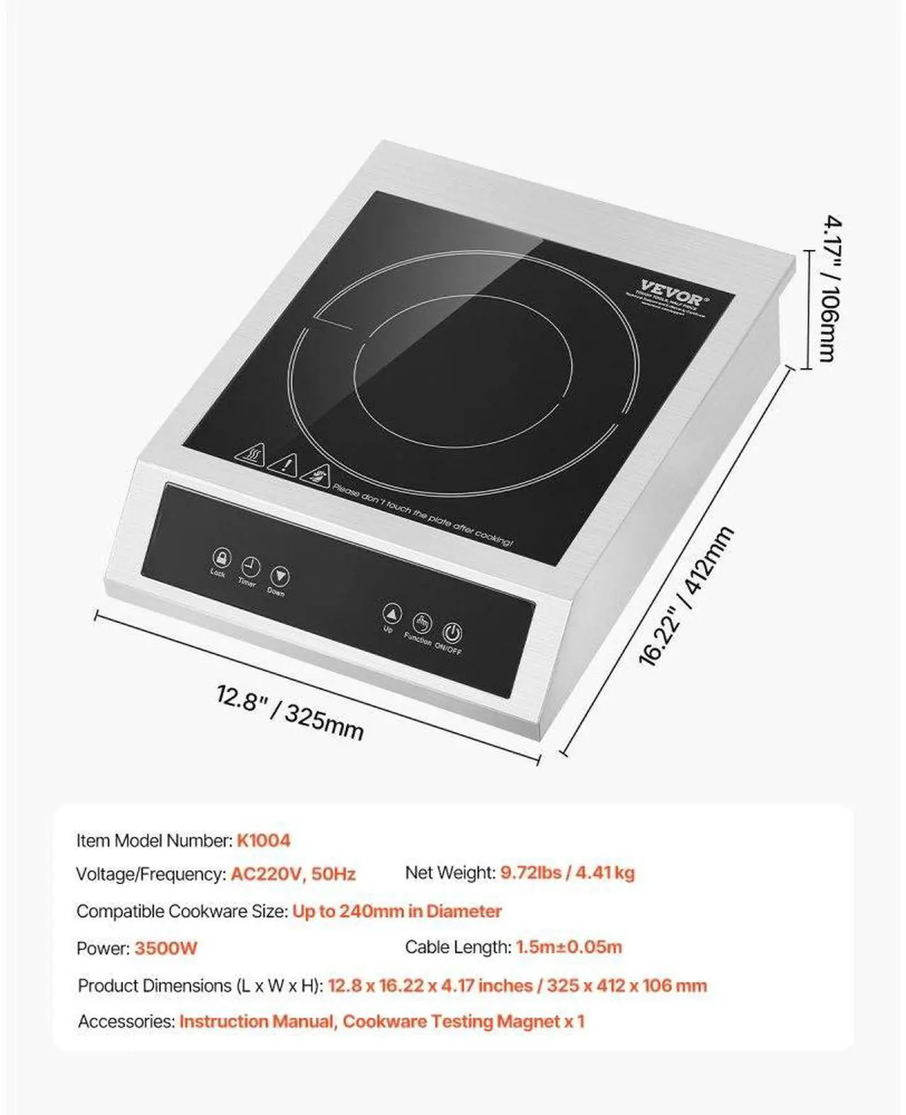 Alt view image 7 of 7 - VEVOR Portable Commercial Induction Cooktop 3500W Countertop Burner 11 Temp Levels