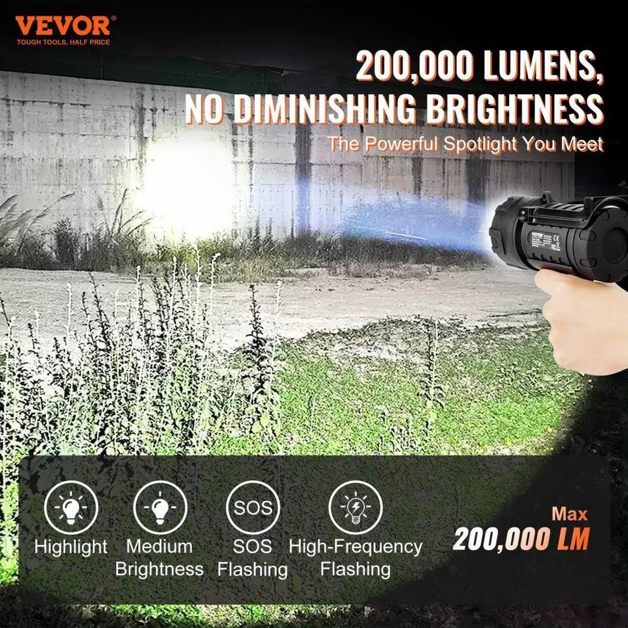 Alt view image 2 of 7 - VEVOR USB Super Bright Rechargeable Spotlight Flashlight 200,000LM Searchlight