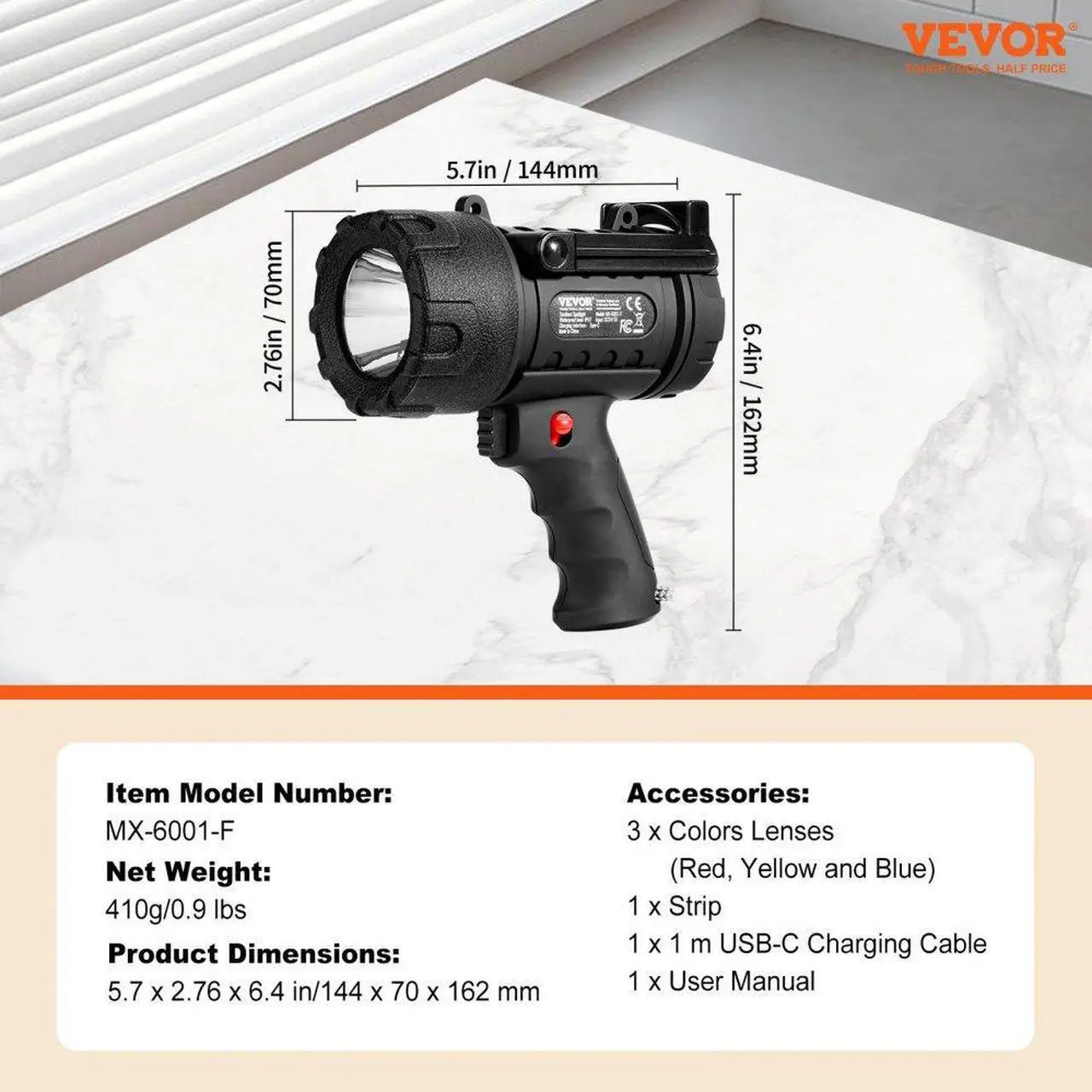 Alt view image 7 of 7 - VEVOR USB Super Bright Rechargeable Spotlight Flashlight 200,000LM Searchlight
