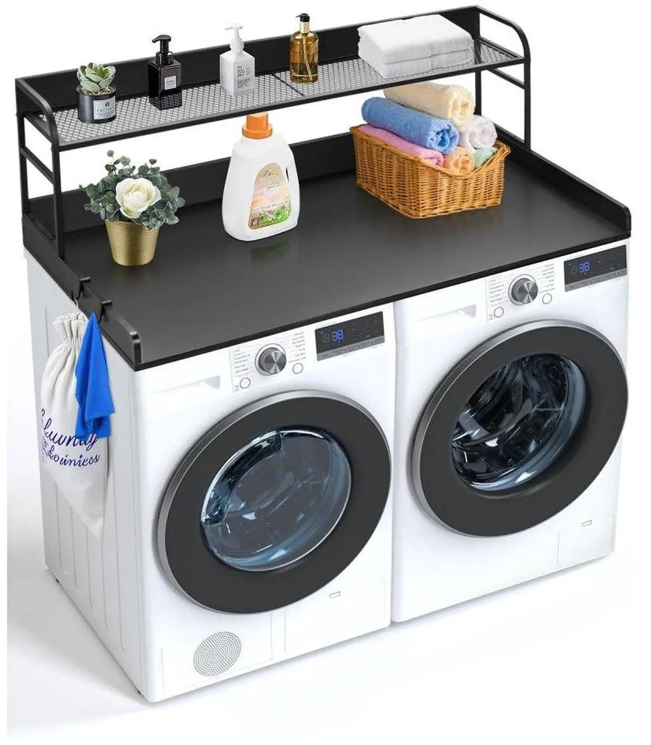 Main image of VEVOR Washer Dryer Countertop with Shelf, 27.55" Depth x 54" Width Laundry Wood Top Cover with Anti-slip Strips, over Washer and Dryer Wood Countertop with Edge Rails, Black