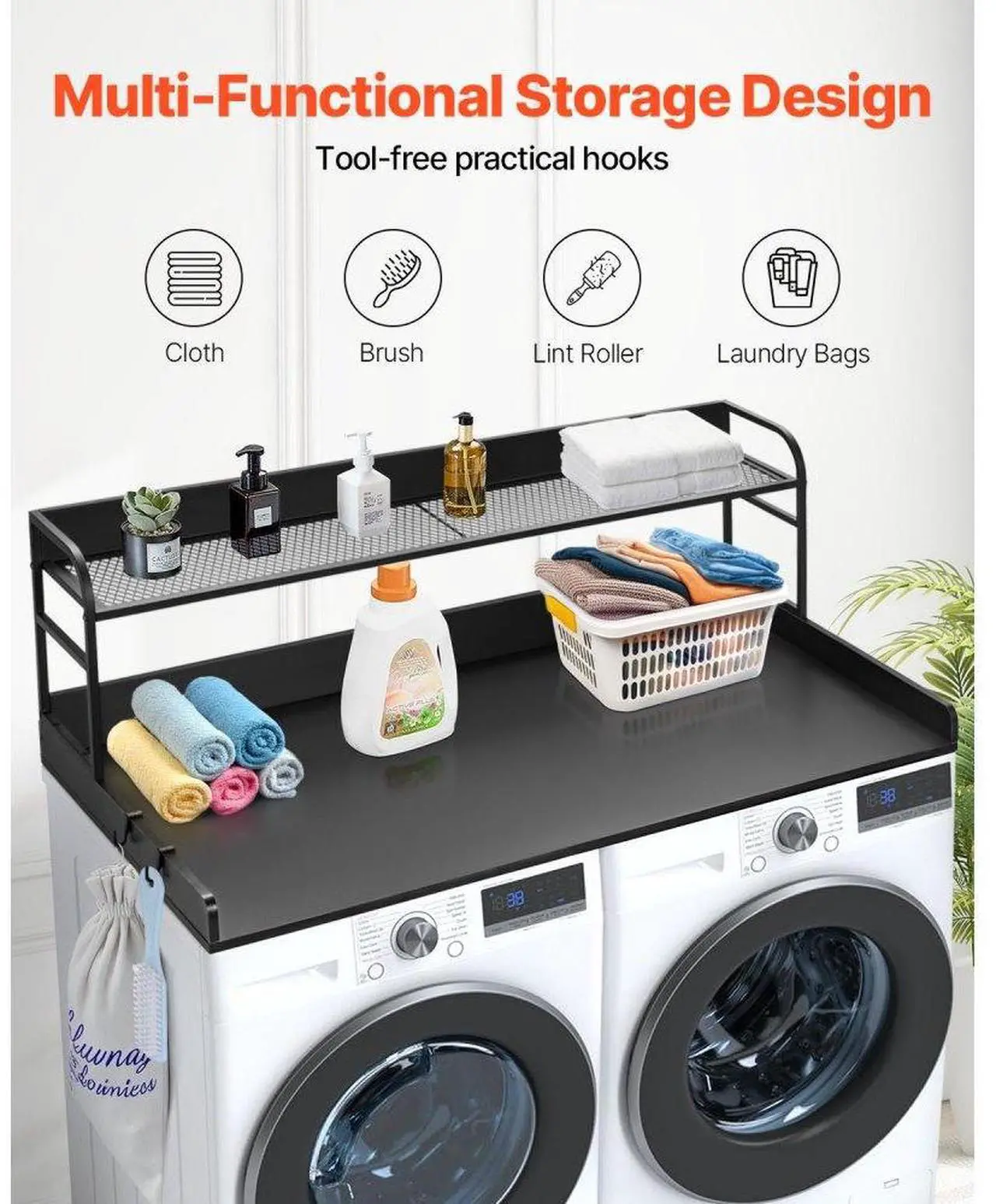 Alt view image 2 of 7 - VEVOR Washer Dryer Countertop with Shelf, 27.55" Depth x 54" Width Laundry Wood Top Cover with Anti-slip Strips, over Washer and Dryer Wood Countertop with Edge Rails, Black