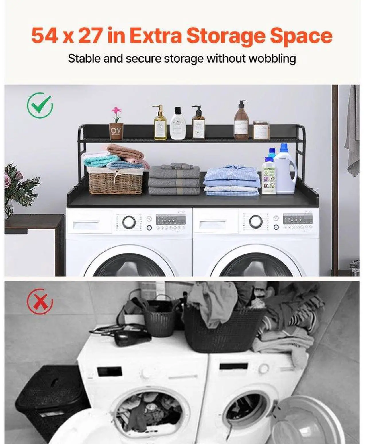 Alt view image 3 of 7 - VEVOR Washer Dryer Countertop with Shelf, 27.55" Depth x 54" Width Laundry Wood Top Cover with Anti-slip Strips, over Washer and Dryer Wood Countertop with Edge Rails, Black