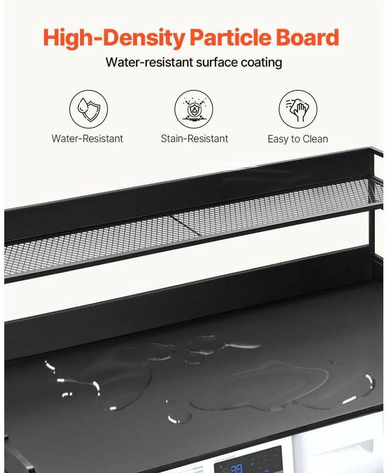 Alt view image 4 of 7 - VEVOR Washer Dryer Countertop with Shelf, 27.55" Depth x 54" Width Laundry Wood Top Cover with Anti-slip Strips, over Washer and Dryer Wood Countertop with Edge Rails, Black