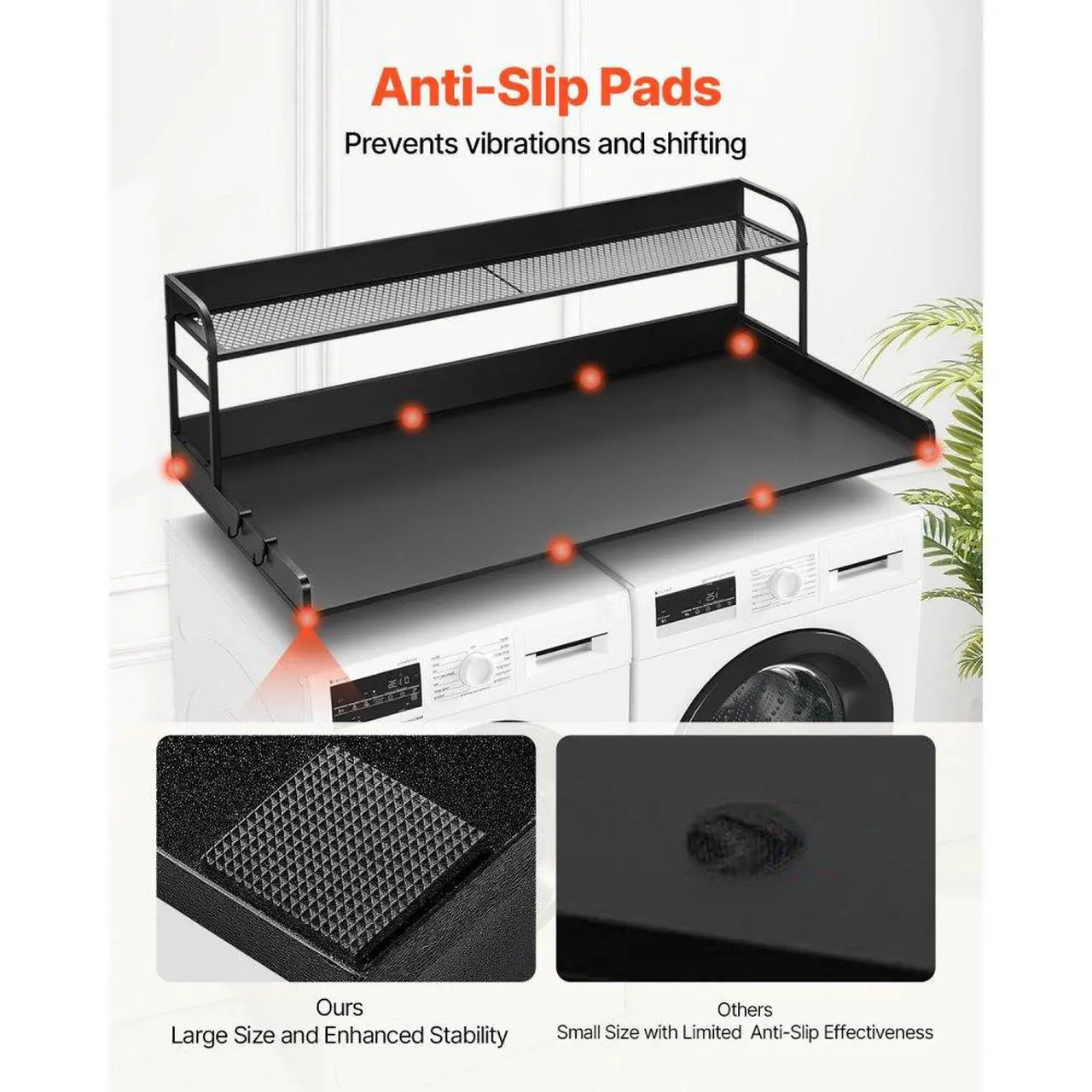 Alt view image 5 of 7 - VEVOR Washer Dryer Countertop with Shelf, 27.55" Depth x 54" Width Laundry Wood Top Cover with Anti-slip Strips, over Washer and Dryer Wood Countertop with Edge Rails, Black