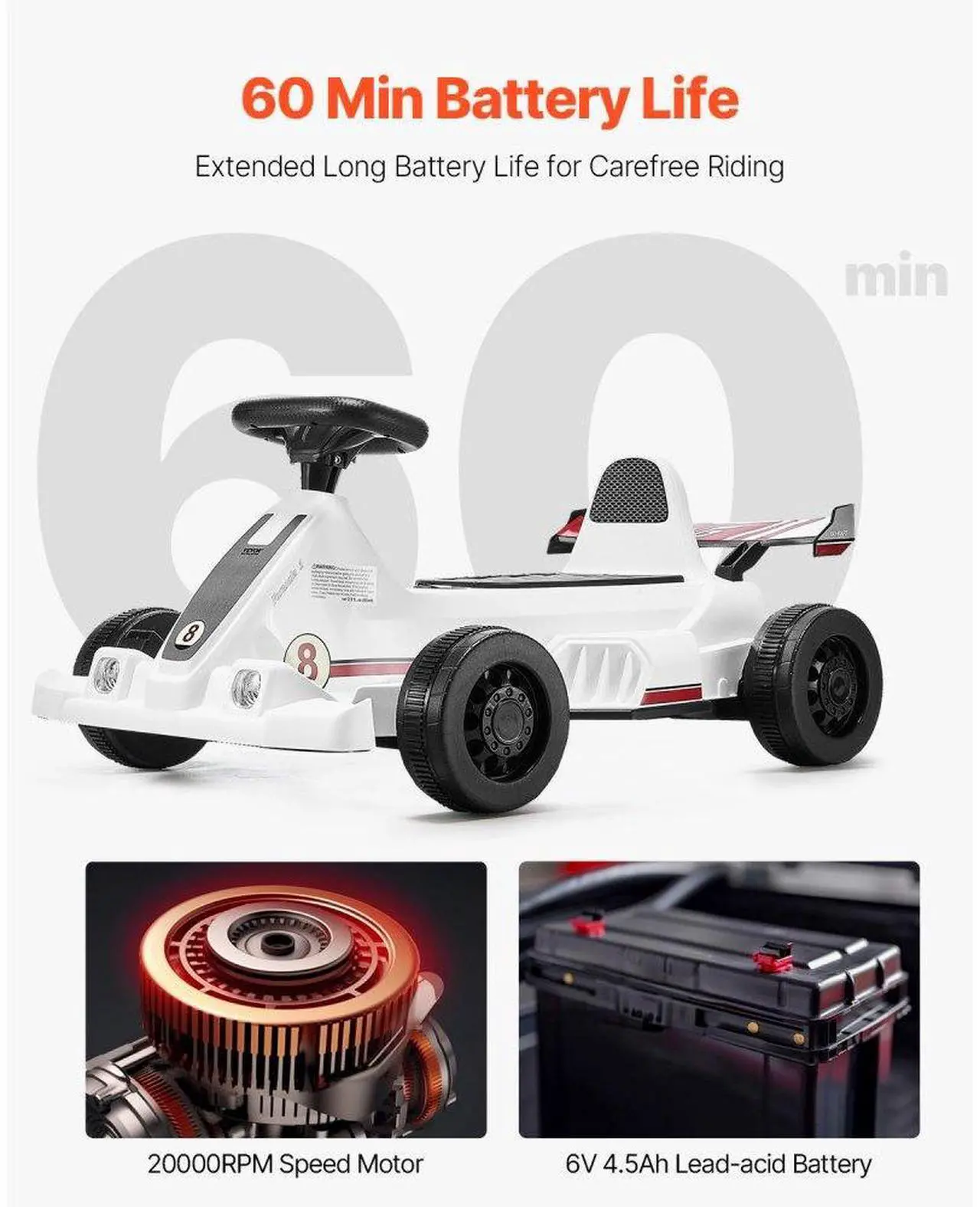 Alt view image 5 of 7 - VEVOR Electric Go Kart 6V Drift Go Cart for Kids Ages 2+ Strong Motor White