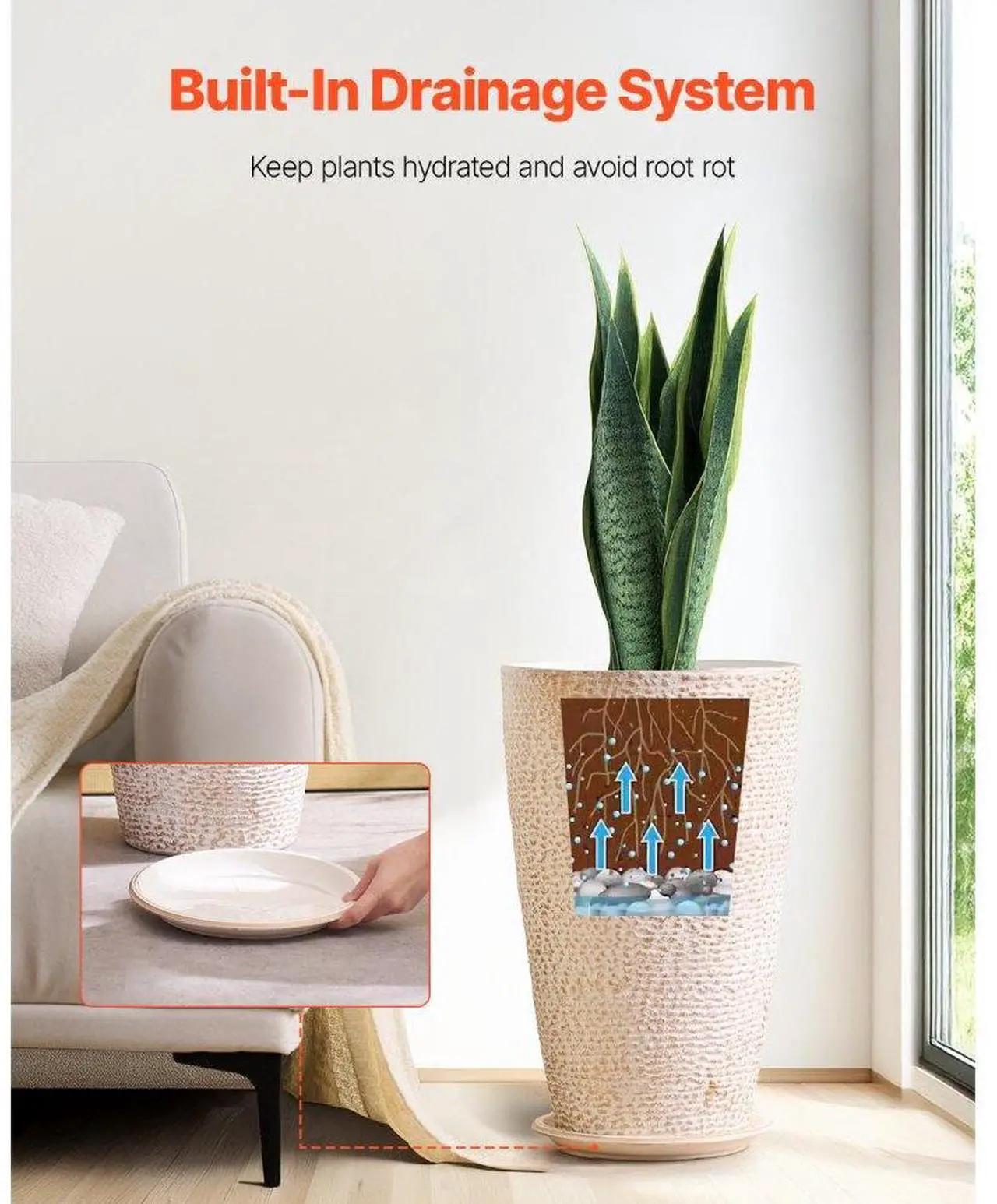 Alt view image 4 of 7 - VEVOR Tall Planter Set of 2 Round Tapered Plant Pots 21 in for Outdoor Indoor