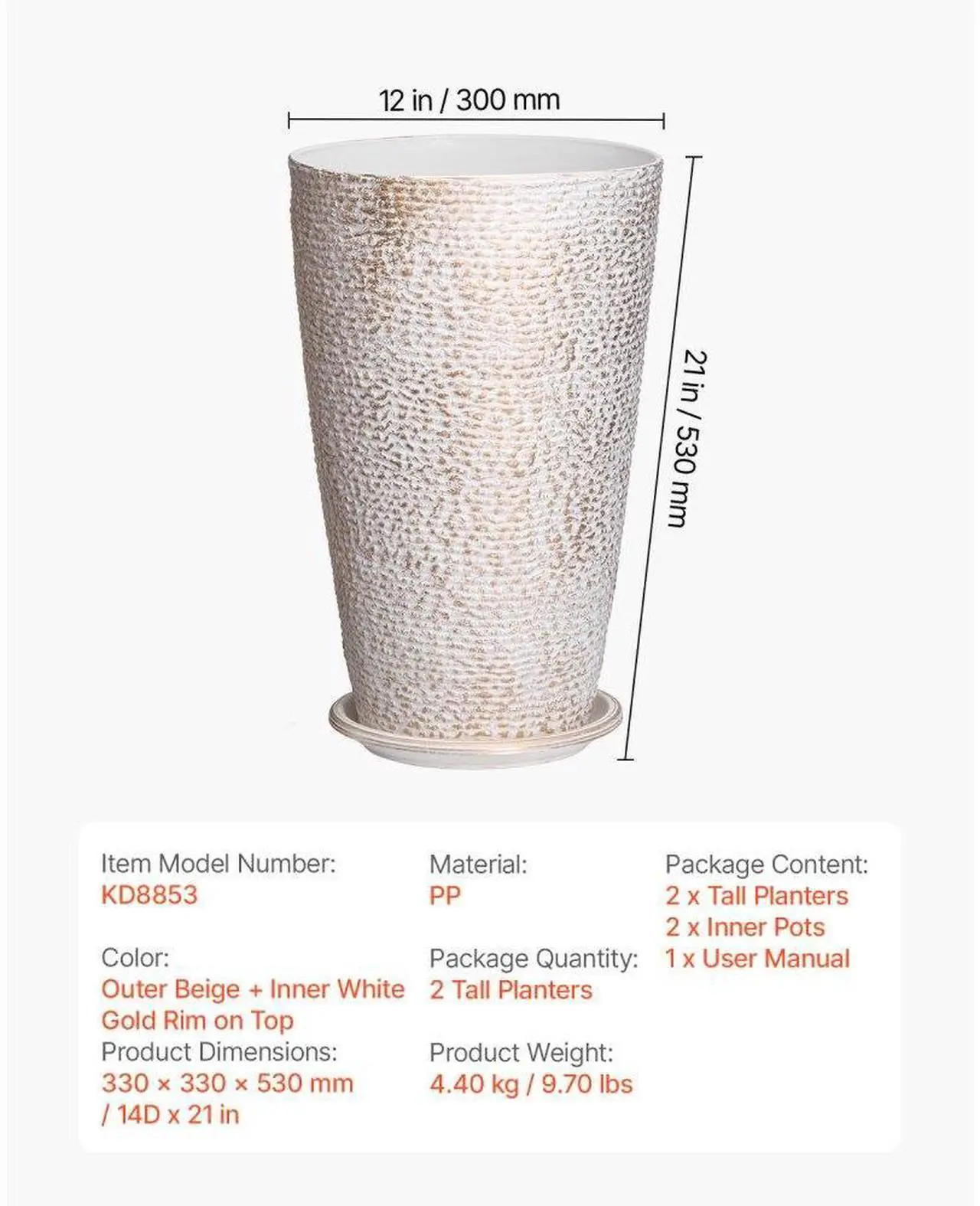 Alt view image 7 of 7 - VEVOR Tall Planter Set of 2 Round Tapered Plant Pots 21 in for Outdoor Indoor