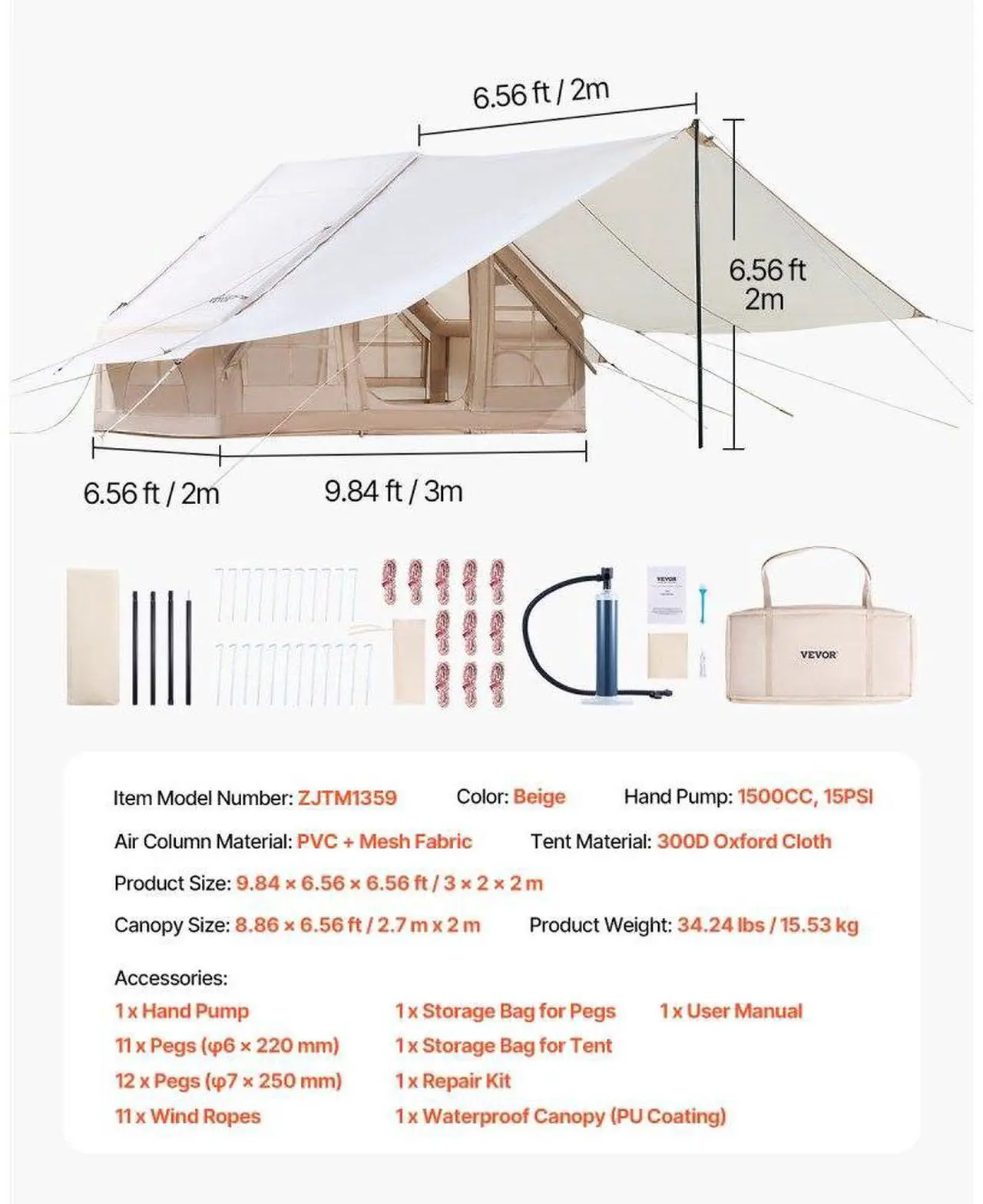 Alt view image 7 of 7 - Inflatable Tent for Camping 3-5 Person Glamping Tent with Pump Canopy