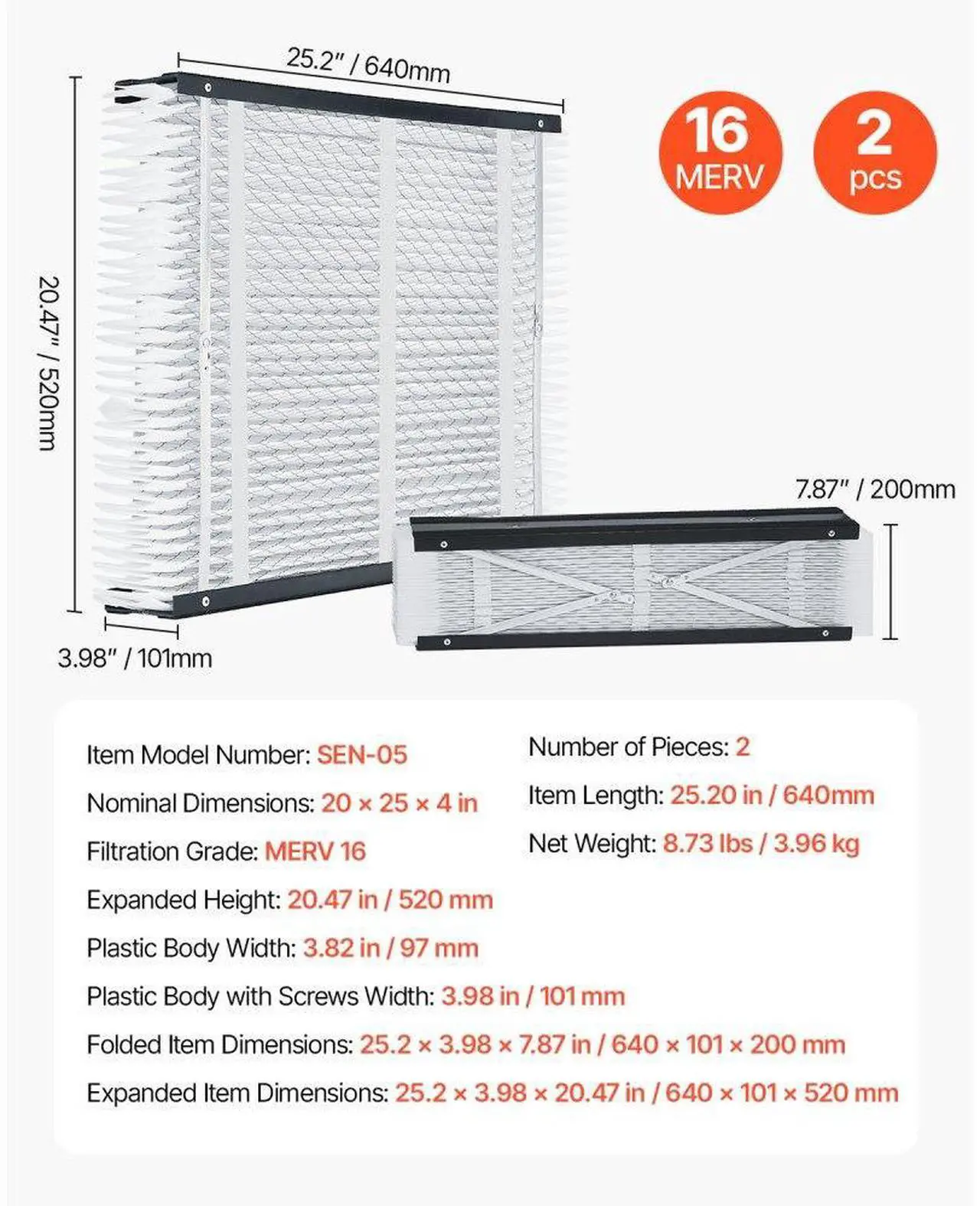 Alt view image 7 of 7 - VEVOR Air Filters MERV 16 Electrostatic Pleated HVAC Furnace Filter 2-Pack 20 x 25 x 4