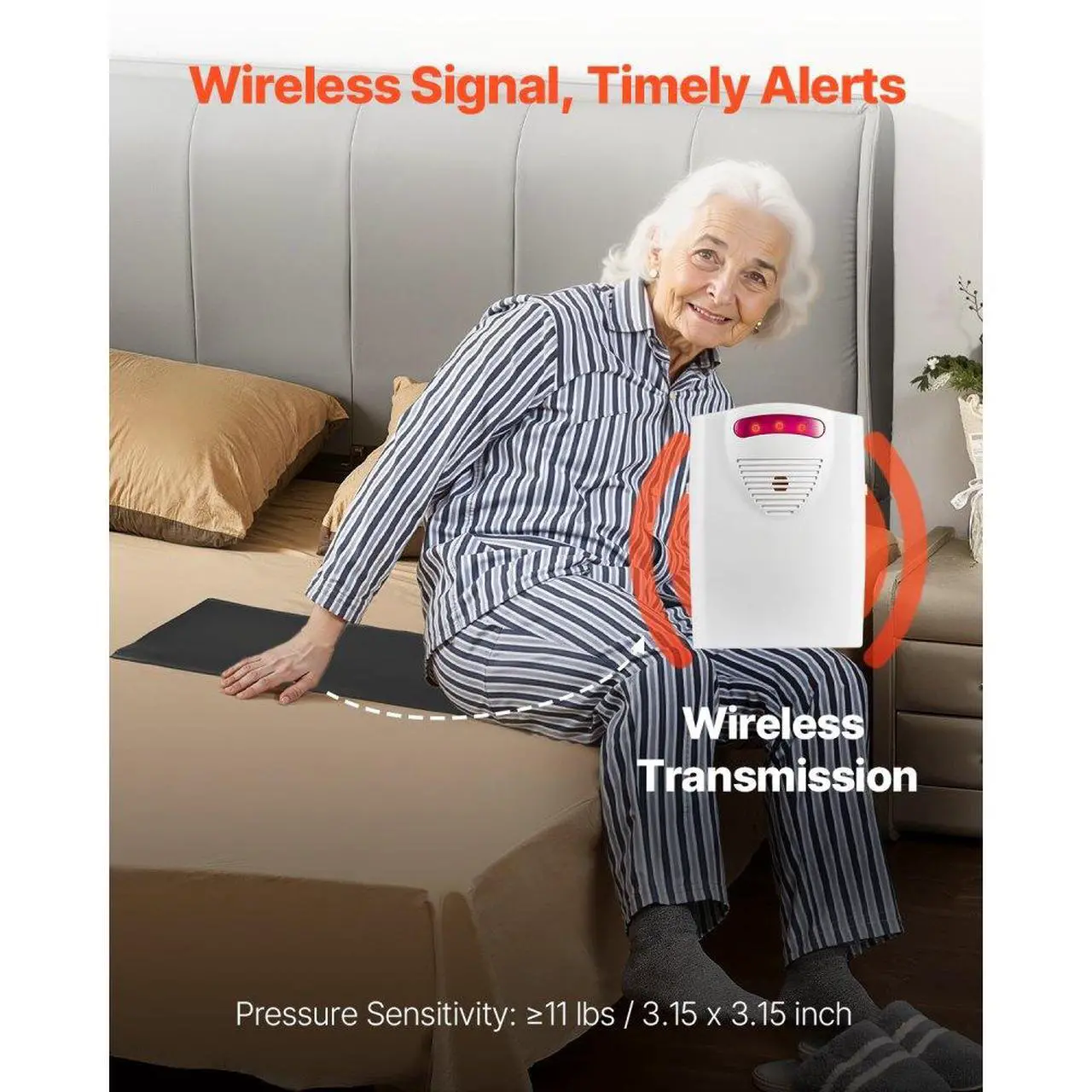 Alt view image 2 of 7 - VEVOR Bed Alarm System for Elderly Adults 14" x 30" Wireless Bed Sensor Pad with Pager