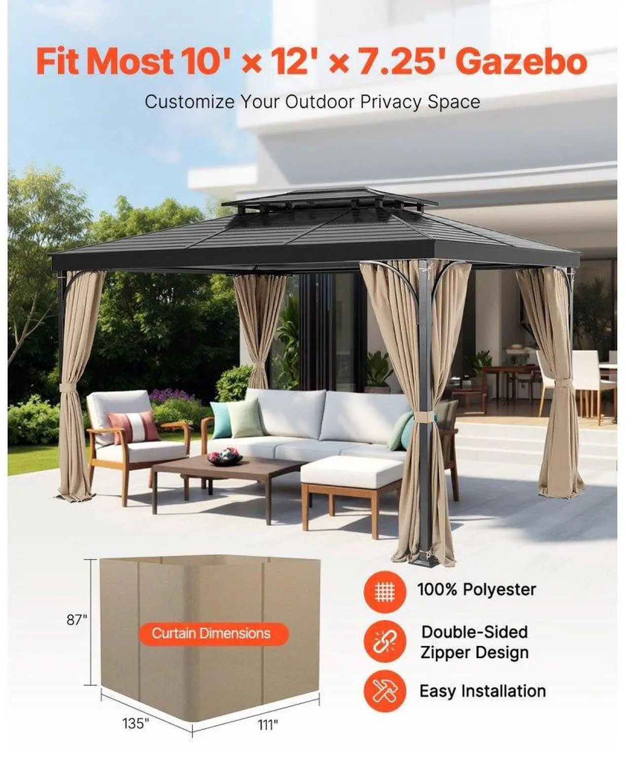 Alt view image 2 of 7 - VEVOR Outdoor Gazebo Privacy Curtain 12' x 10' x 7.3' Waterproof Gazebo Curtains Khaki