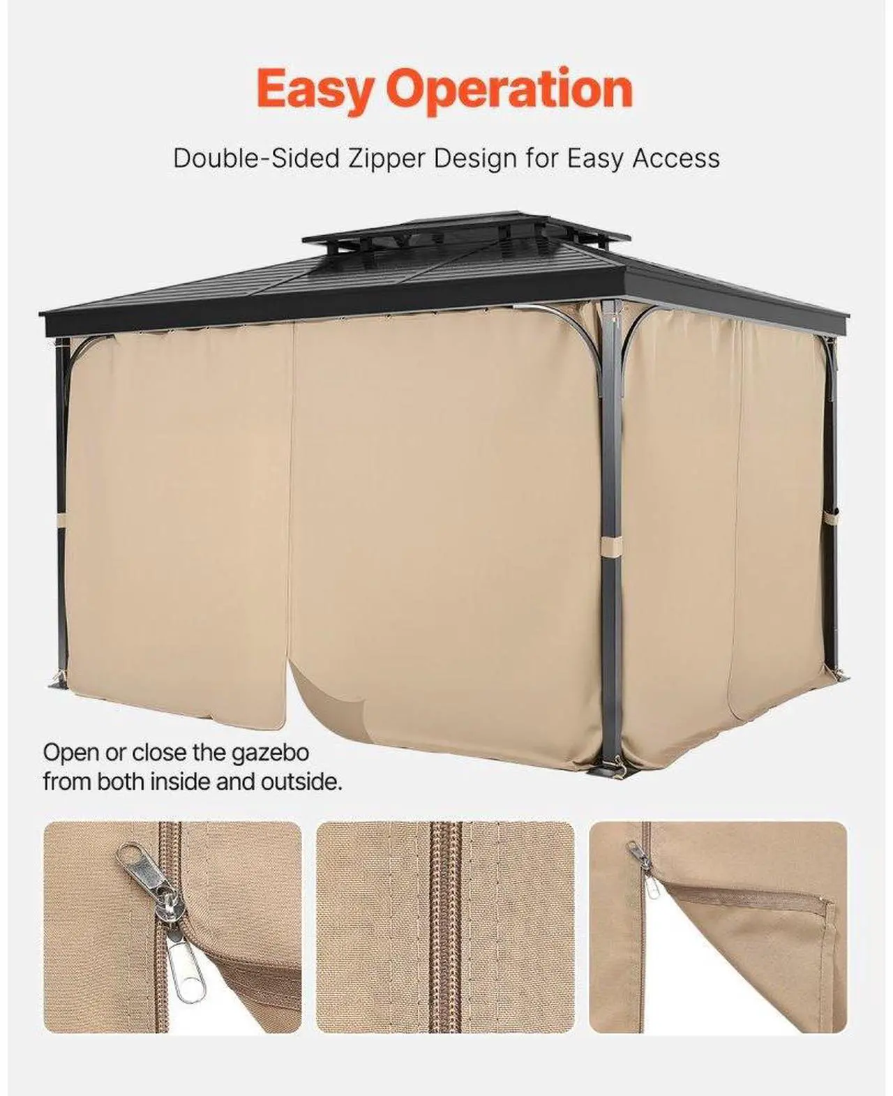 Alt view image 4 of 7 - VEVOR Outdoor Gazebo Privacy Curtain 12' x 10' x 7.3' Waterproof Gazebo Curtains Khaki