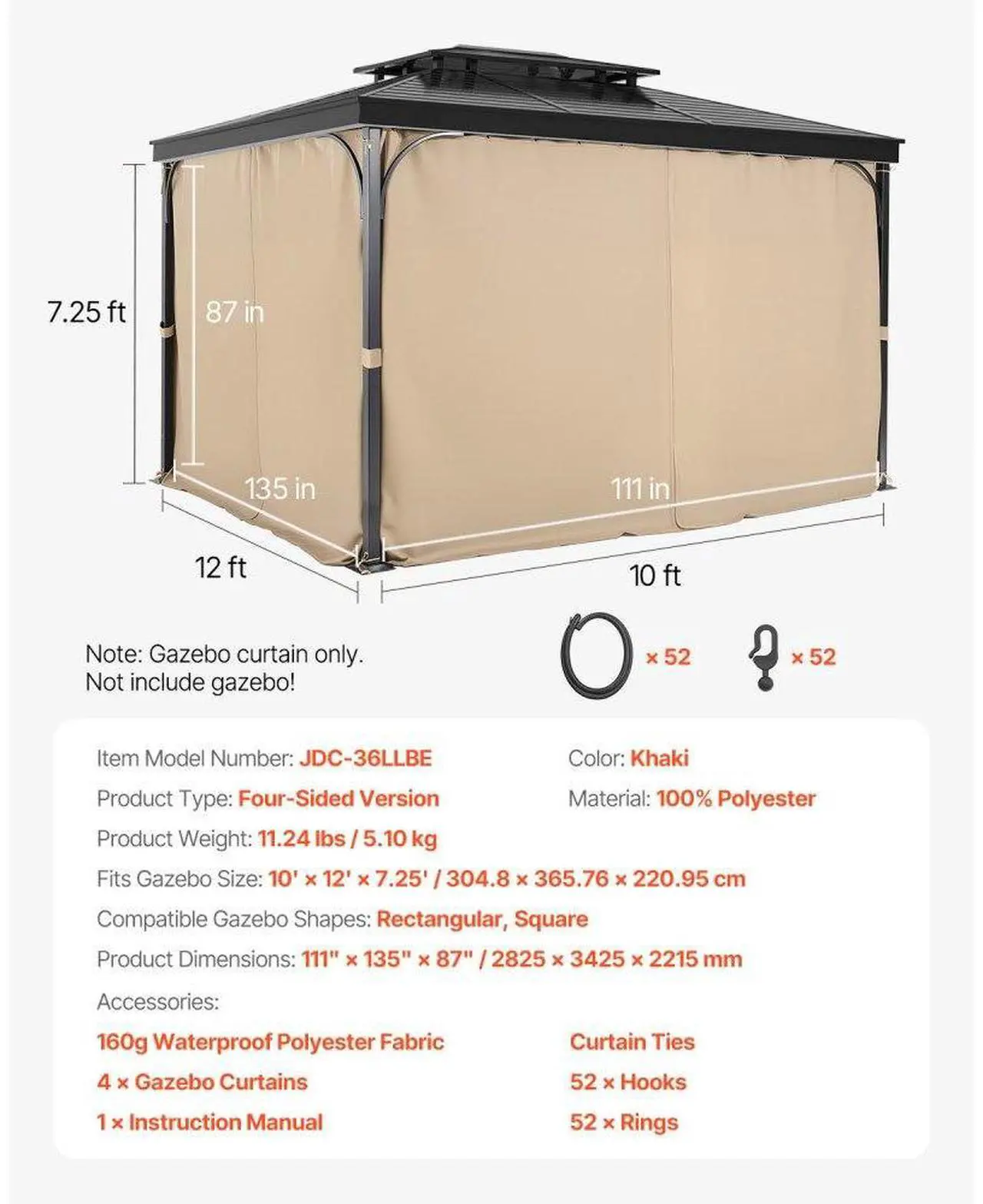 Alt view image 7 of 7 - VEVOR Outdoor Gazebo Privacy Curtain 12' x 10' x 7.3' Waterproof Gazebo Curtains Khaki