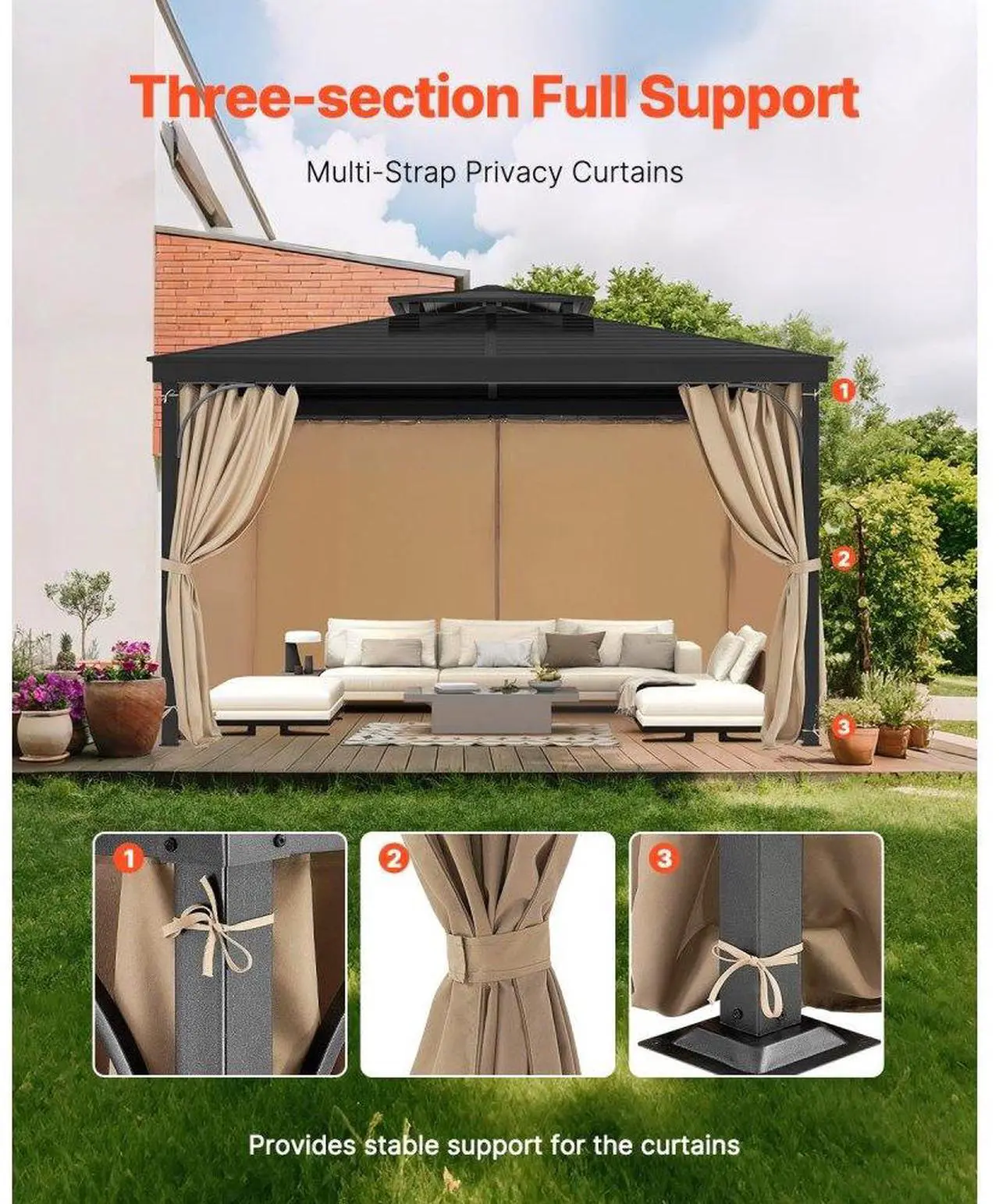 Alt view image 6 of 7 - VEVOR Outdoor Gazebo Privacy Curtain 12' x 10' x 7.3' Waterproof Gazebo Curtains Khaki