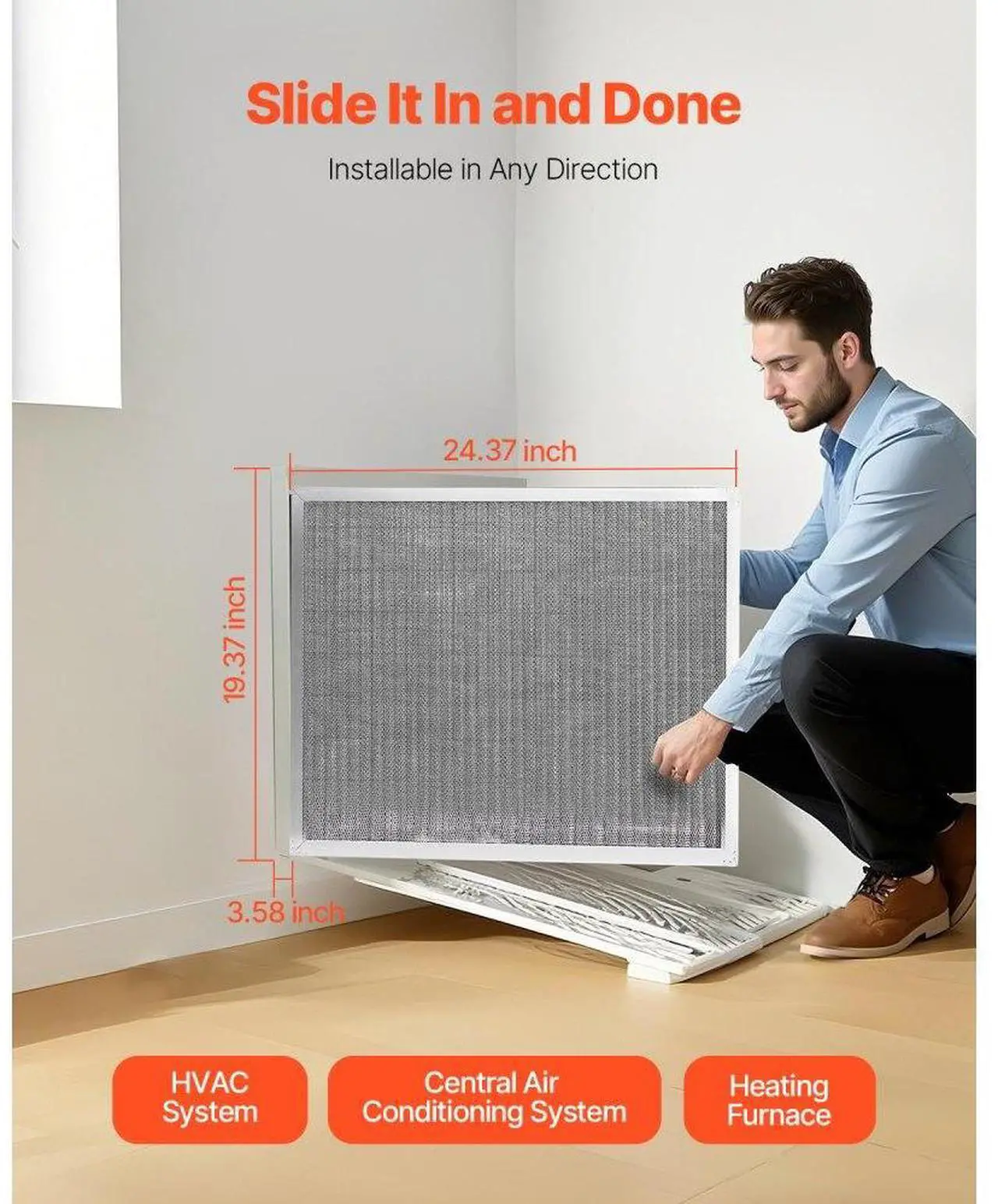 Alt view image 4 of 7 - VEVOR 20x25x4 Aluminum Electrostatic Air Filter MERV 8 Actual 19.37x24.37x3.58