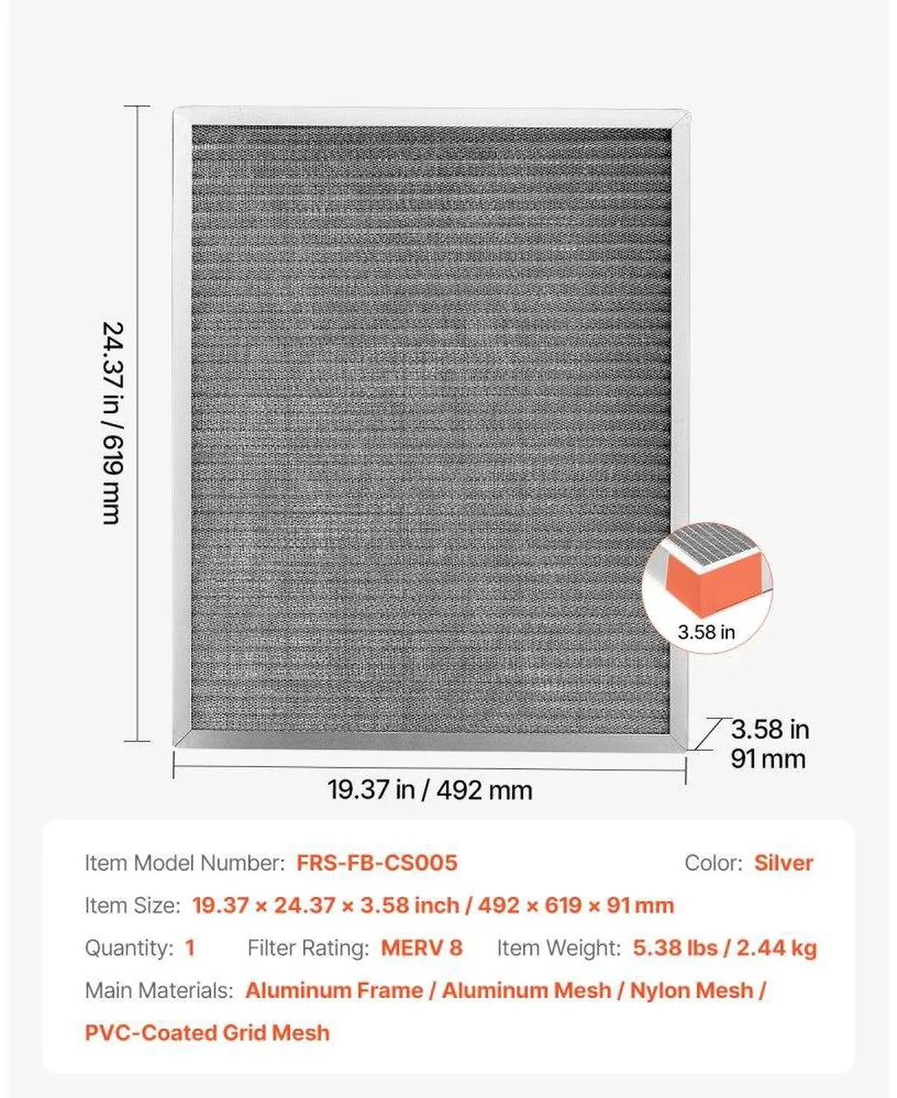 Alt view image 7 of 7 - VEVOR 20x25x4 Aluminum Electrostatic Air Filter MERV 8 Actual 19.37x24.37x3.58