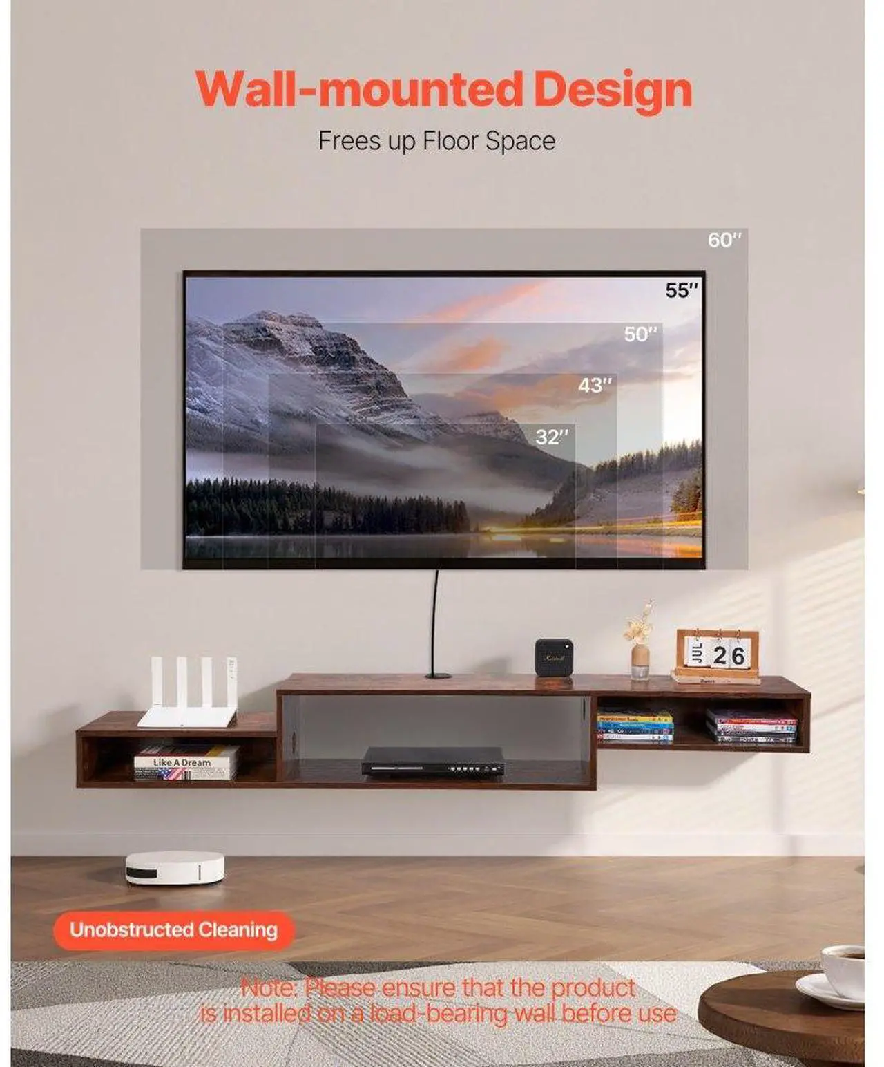 Alt view image 2 of 7 - VEVOR Floating TV Stand, 70" Wall Mount Entertainment Center with Power Outlet & Cable Hole, Modern Floating TV Shelf with Storage Cabinet for DVD Player, Cable Box, Game Console, TV Accessory, Wood