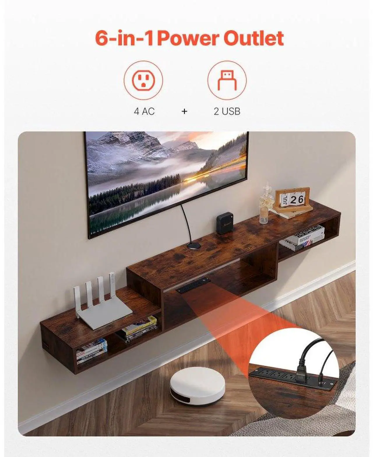Alt view image 3 of 7 - VEVOR Floating TV Stand, 70" Wall Mount Entertainment Center with Power Outlet & Cable Hole, Modern Floating TV Shelf with Storage Cabinet for DVD Player, Cable Box, Game Console, TV Accessory, Wood