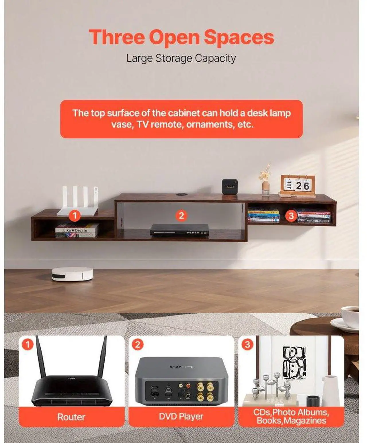 Alt view image 4 of 7 - VEVOR Floating TV Stand, 70" Wall Mount Entertainment Center with Power Outlet & Cable Hole, Modern Floating TV Shelf with Storage Cabinet for DVD Player, Cable Box, Game Console, TV Accessory, Wood