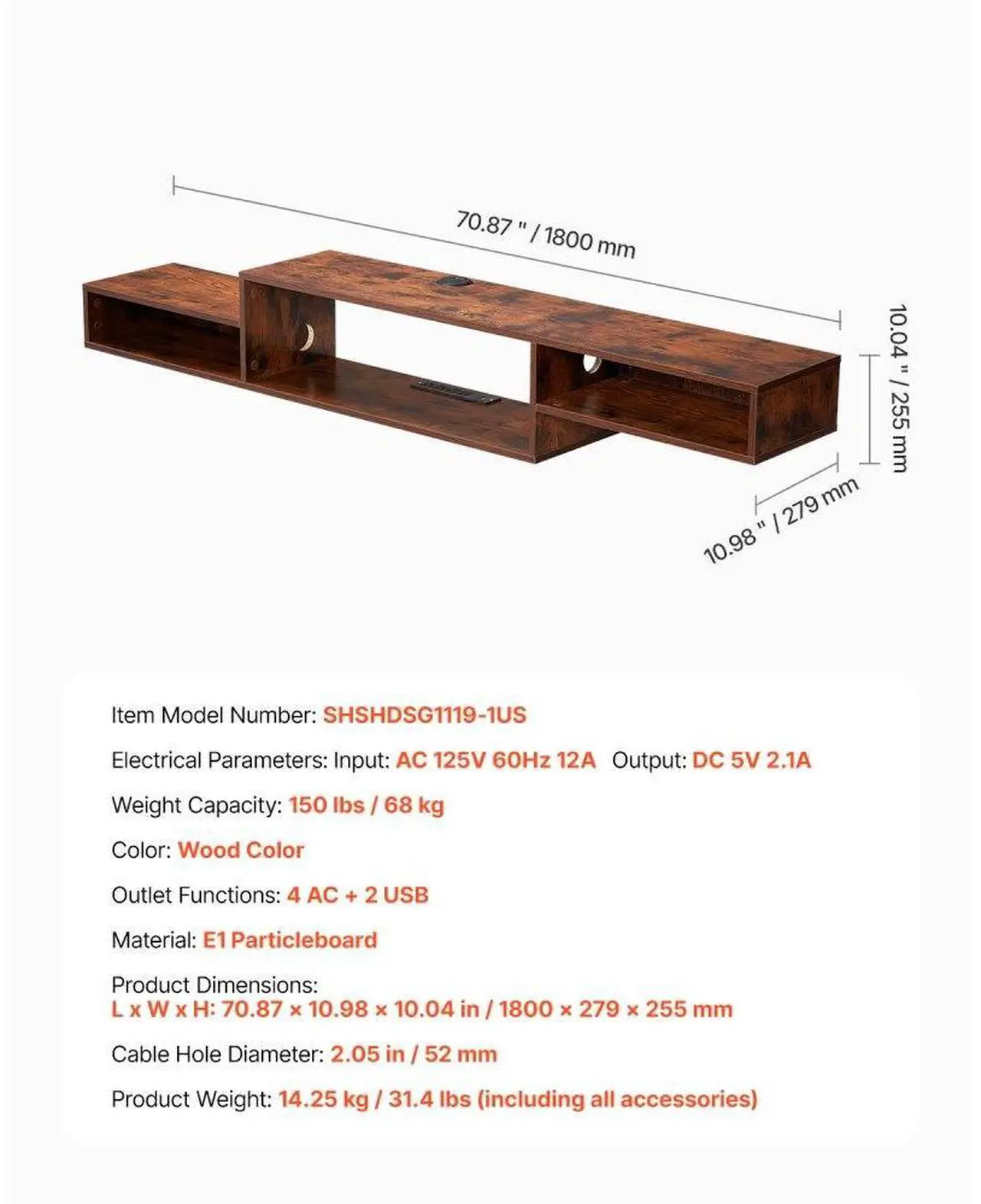 Alt view image 7 of 7 - VEVOR Floating TV Stand, 70" Wall Mount Entertainment Center with Power Outlet & Cable Hole, Modern Floating TV Shelf with Storage Cabinet for DVD Player, Cable Box, Game Console, TV Accessory, Wood