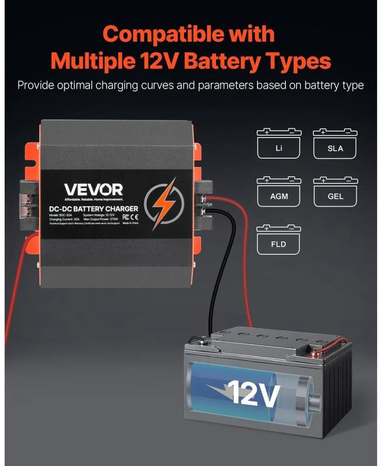 Alt view image 4 of 7 - 12V 30A DC to DC Charger Battery Charger 375W for Lead-Acid and Lithium AGM GEL
