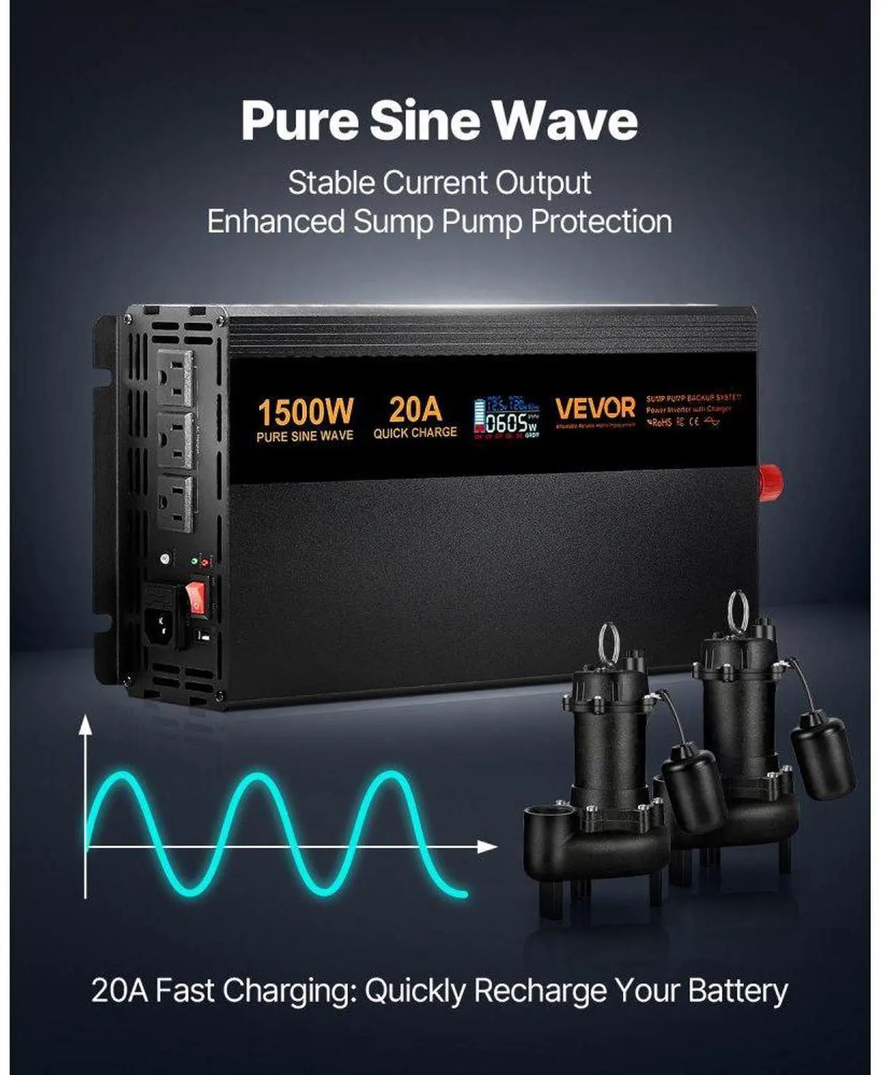 Alt view image 6 of 7 - Sump Pump Battery Backup System 1500W LCD Auto Switches to Battery Inverter