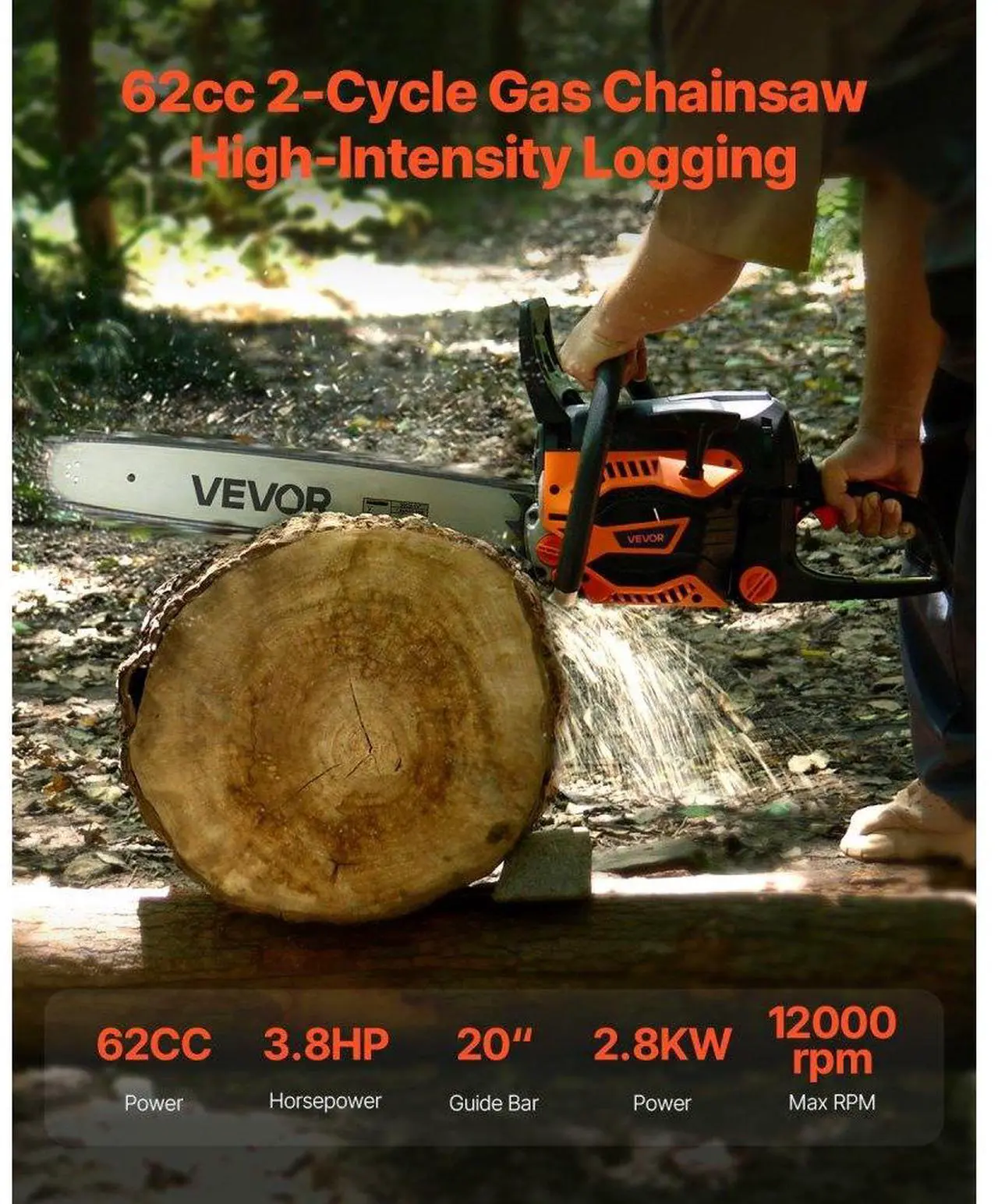 Alt view image 2 of 7 - 62cc Gas Chainsaw 3.8 HP Gas Powered 20 inch Chainsaw For Wood Cutting