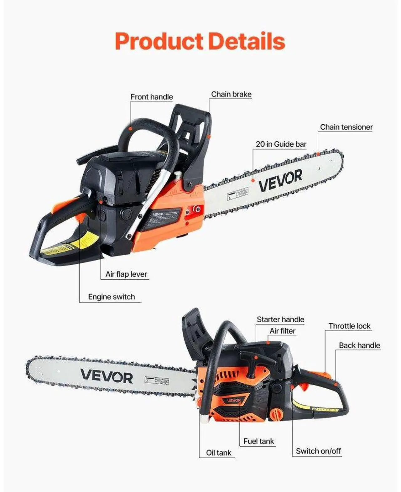 Alt view image 3 of 7 - 62cc Gas Chainsaw 3.8 HP Gas Powered 20 inch Chainsaw For Wood Cutting