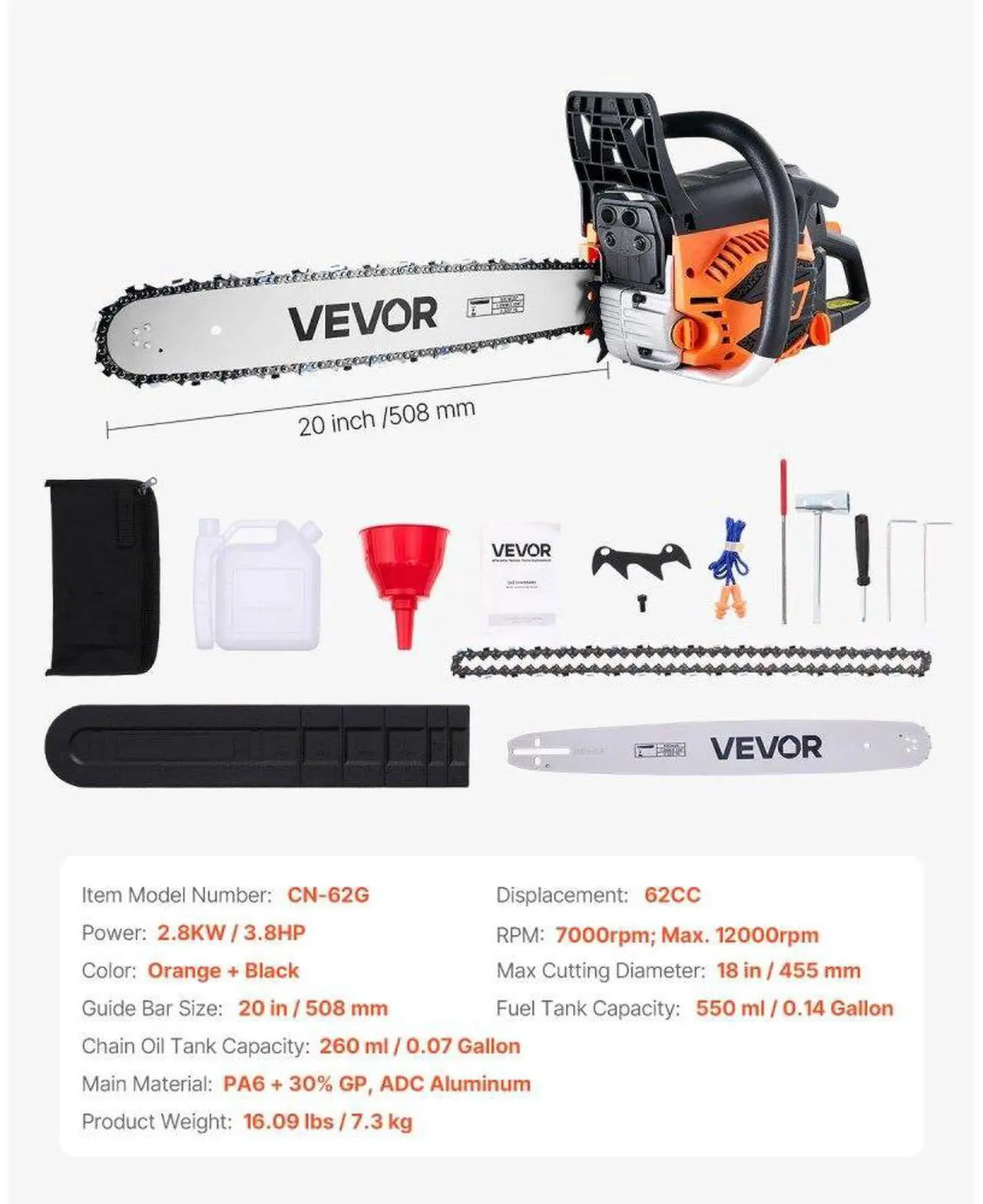 Alt view image 7 of 7 - 62cc Gas Chainsaw 3.8 HP Gas Powered 20 inch Chainsaw For Wood Cutting