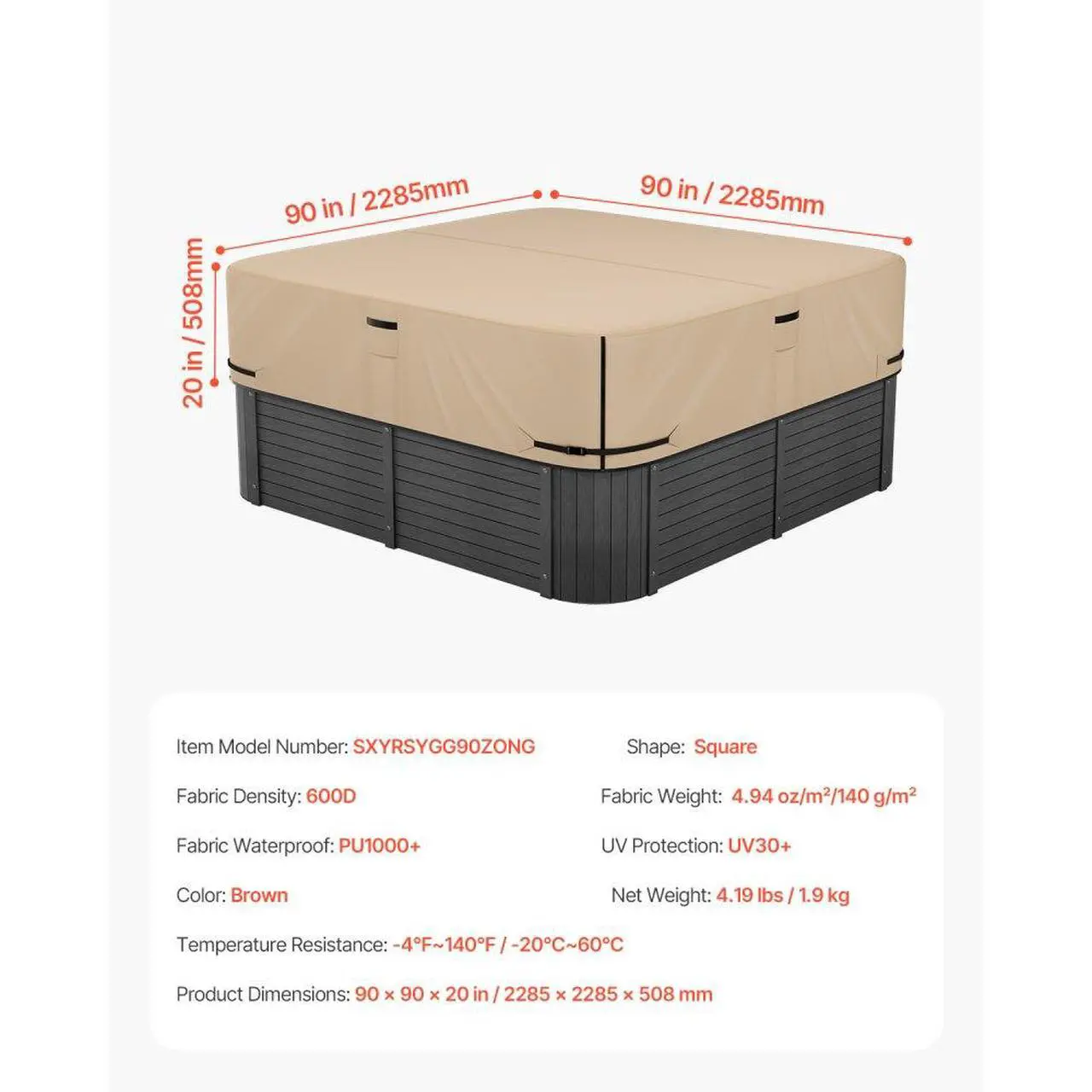 Alt view image 7 of 7 - Outdoor Hot Tub Cover 90 x 90 x 20 Inch Weatherproof and Waterproof Brown