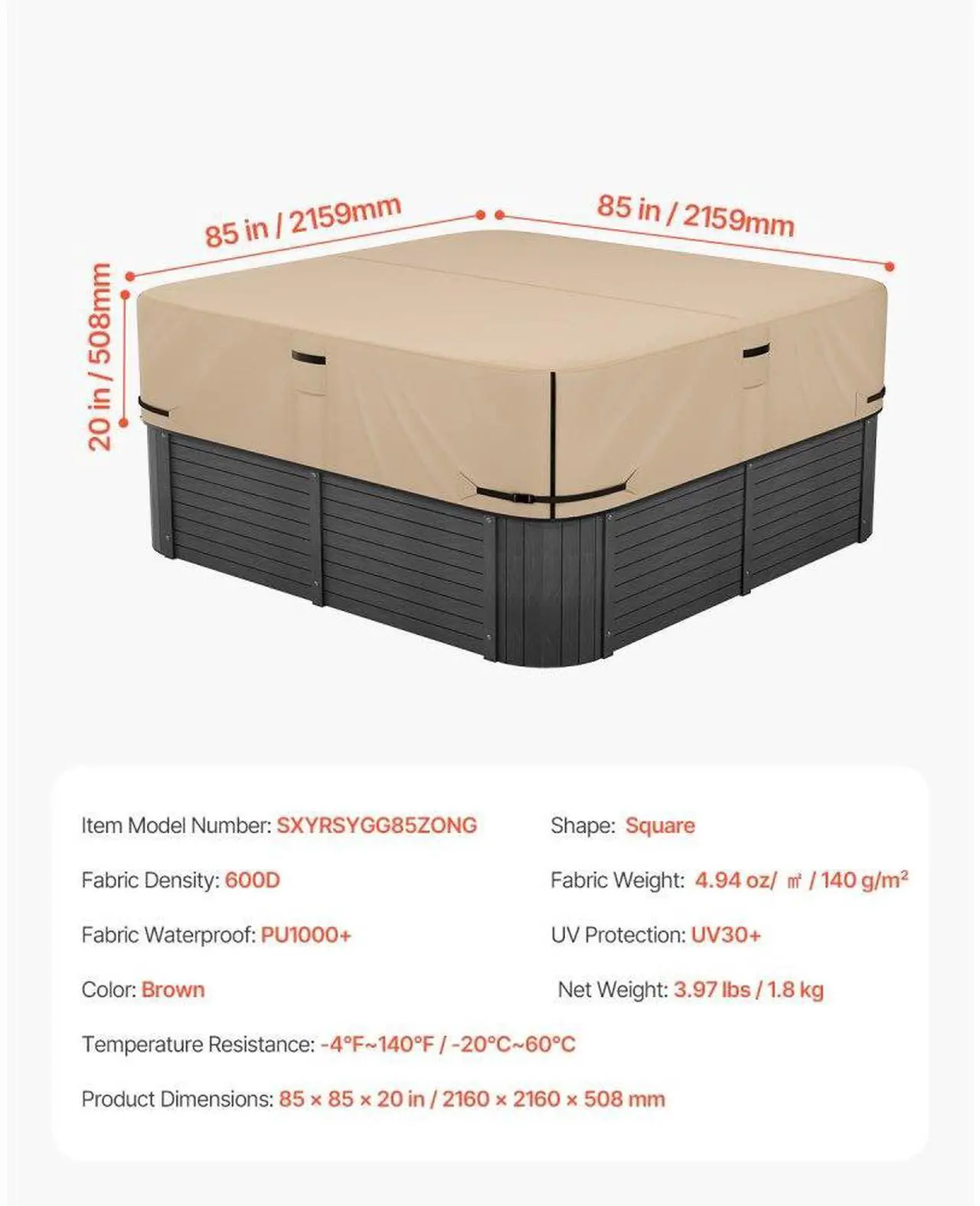 Alt view image 7 of 7 - Outdoor Hot Tub Cover 85 x 85 x 20 Inch Weatherproof and Waterproof Brown